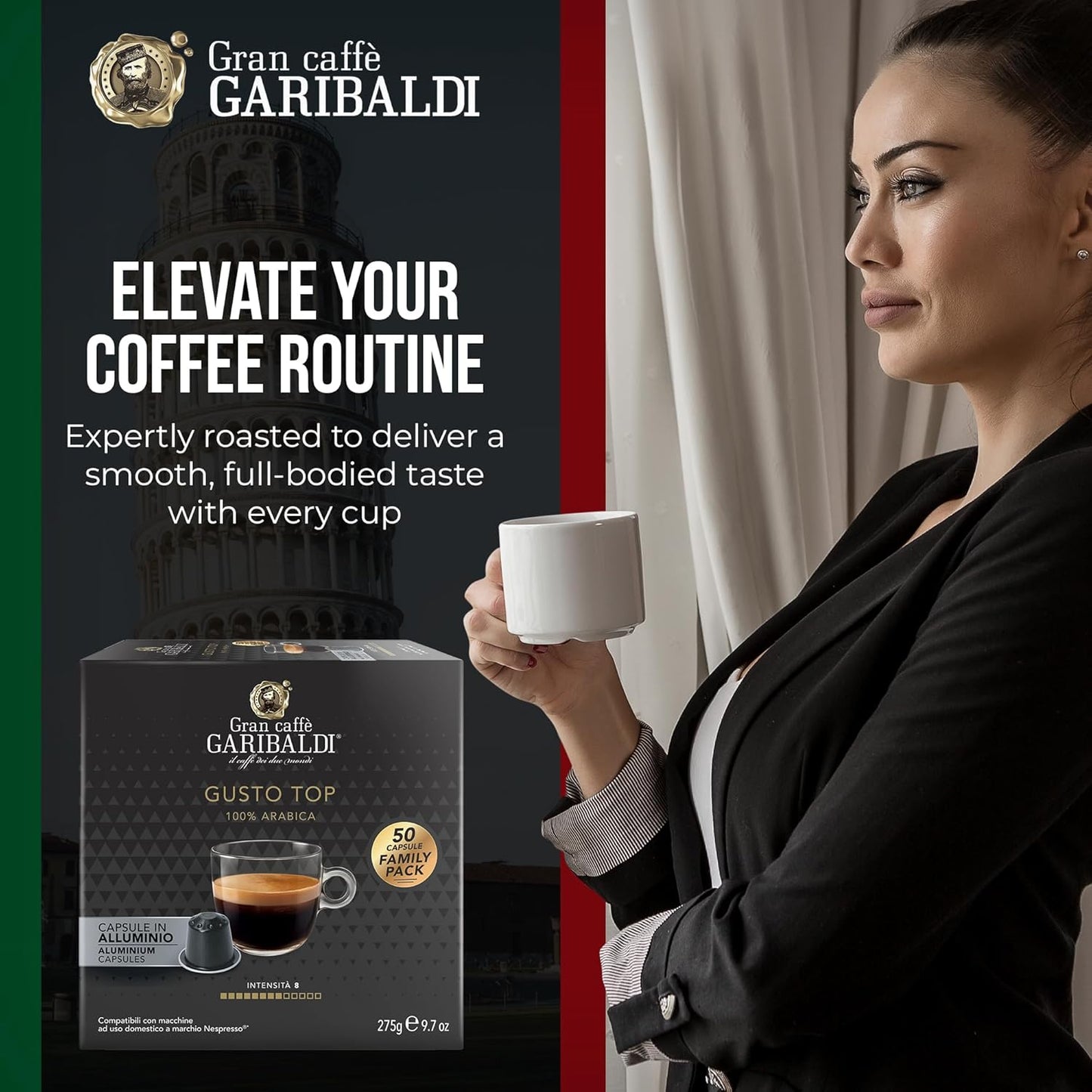 Gran Caffè Garibaldi Espresso Pods, Italian Roasted Compatible Nespresso Original Line Machines, 100% Arabica Blend, Brazilian & Central American Beans, Cocoa Aroma - Gusto Top (Aluminum) 200 Cups