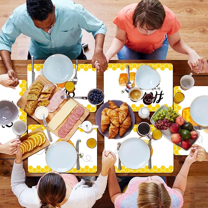 Honey Bee Placemats Set of 6 Summer Plastic Table Mats Yellow Bee Theme Placemats Washable Farmhouse Rustic Holiday Table Decoration for Indoor Outdoor Party Kitchen Dining