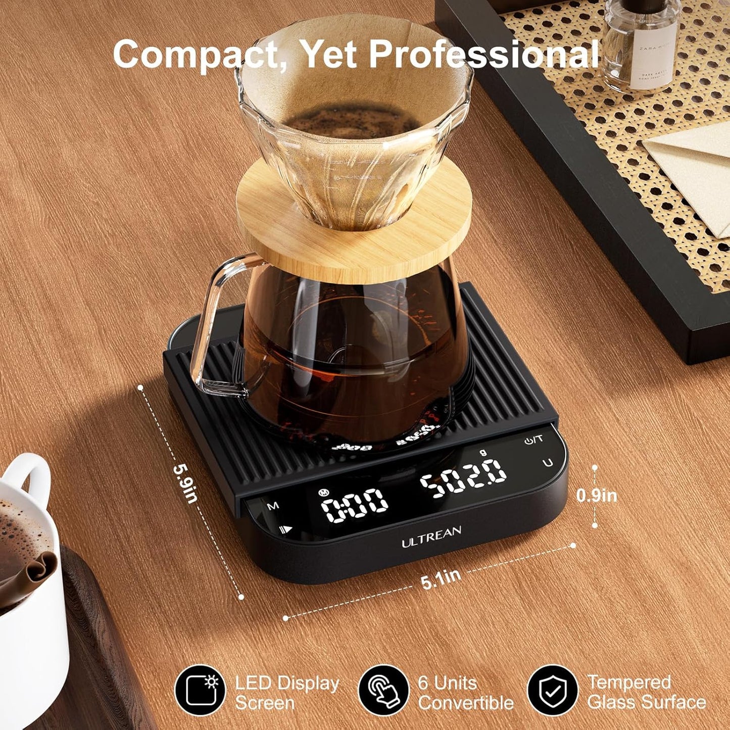 Ultrean 5.9" Coffee Scale, Rechargeable Coffee Scale with Timer, 3kg/0.1g Accuracy for Pour Over and Drip Coffee, Portable Digital Kitchen Scale with Automatic Timing, LCD Display