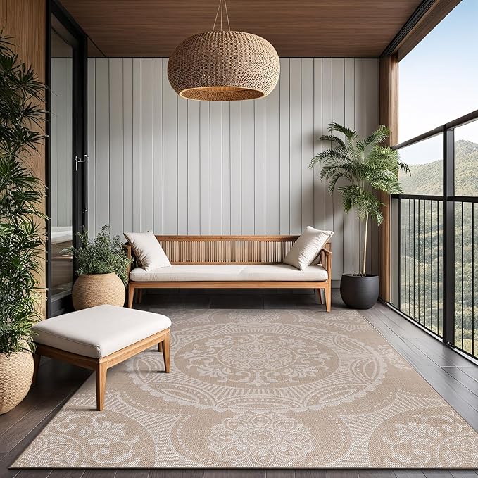 Medallion Outdoor Rug 6x9 Washable Outside Carpet for Indoor Patio Porch Waterproof Easy Cleaning Non Shedding Area Rugs Beige 6 x 9