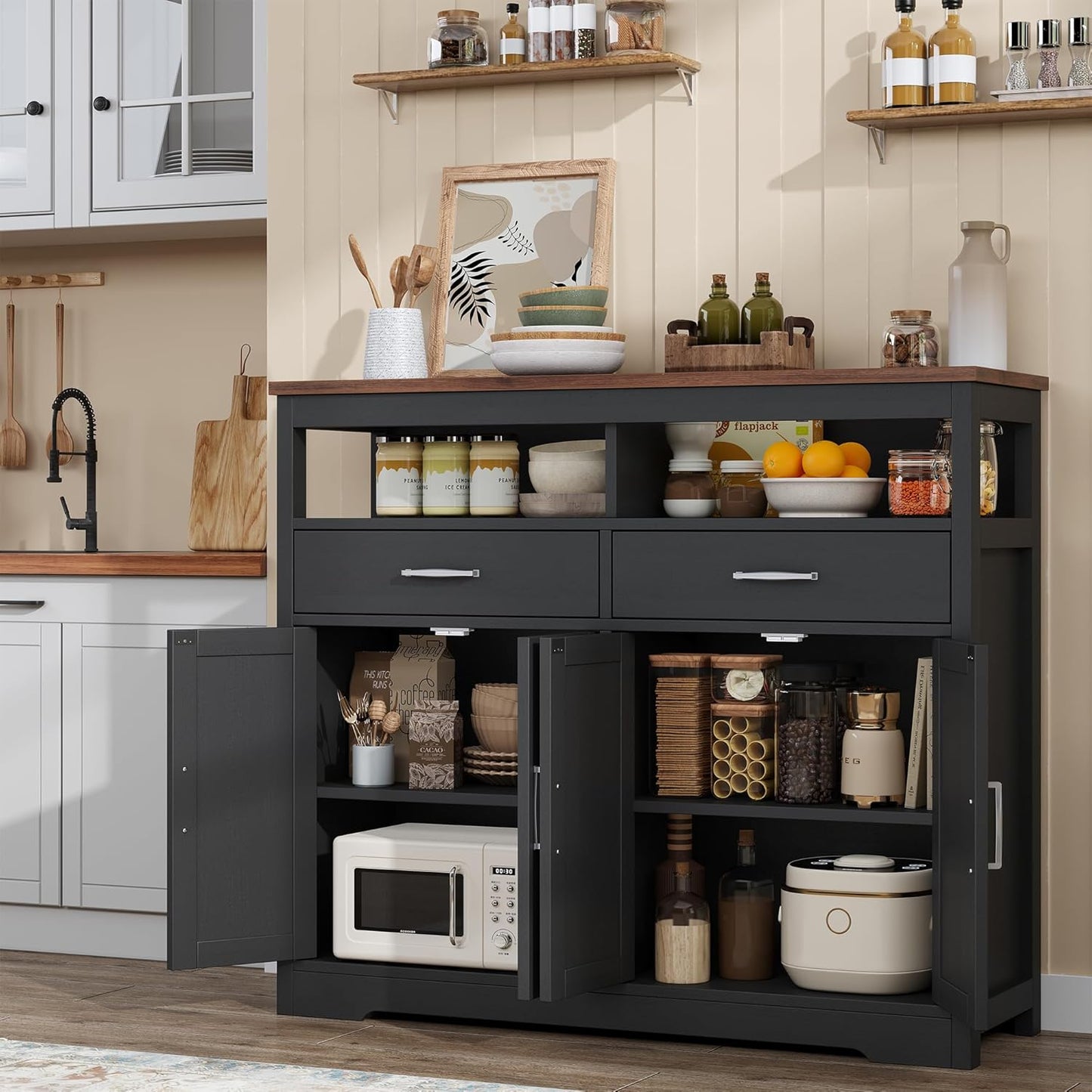 Buffet Sideboard with Storage Farmhouse with 4 Doors, 47'' Large Kitchen Storage Cabinet Wood Coffee Bar Cabinet Buffet Table with Shelves for Kitchen, Dining Room, Entryway