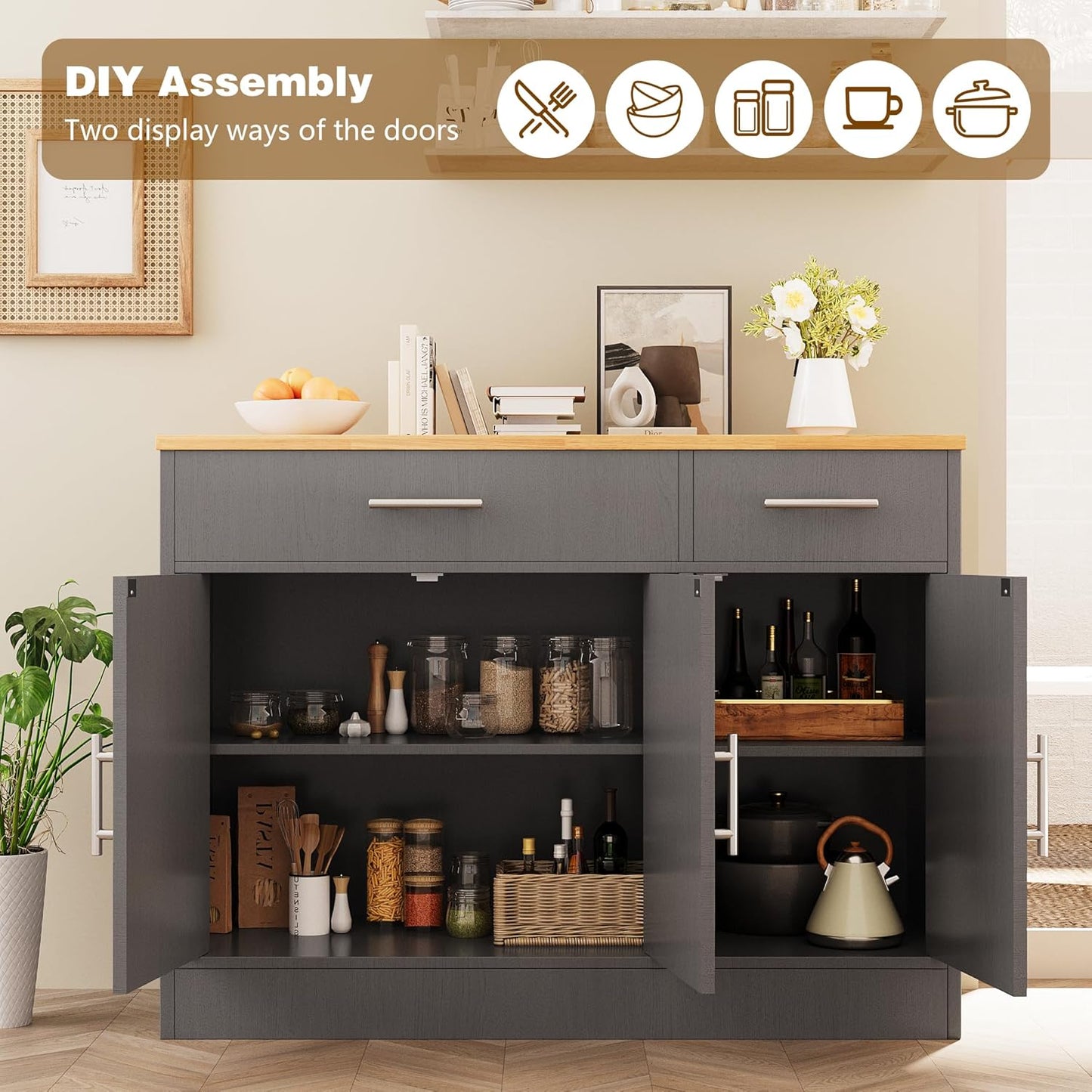 Vongrasig Sideboard Buffet Cabinet with Storage, 43” Farmhouse Coffee Bar Storage Cabinet with Drawers and Shelves, Modern Buffet Table for Kitchen, Dining Room, Grey