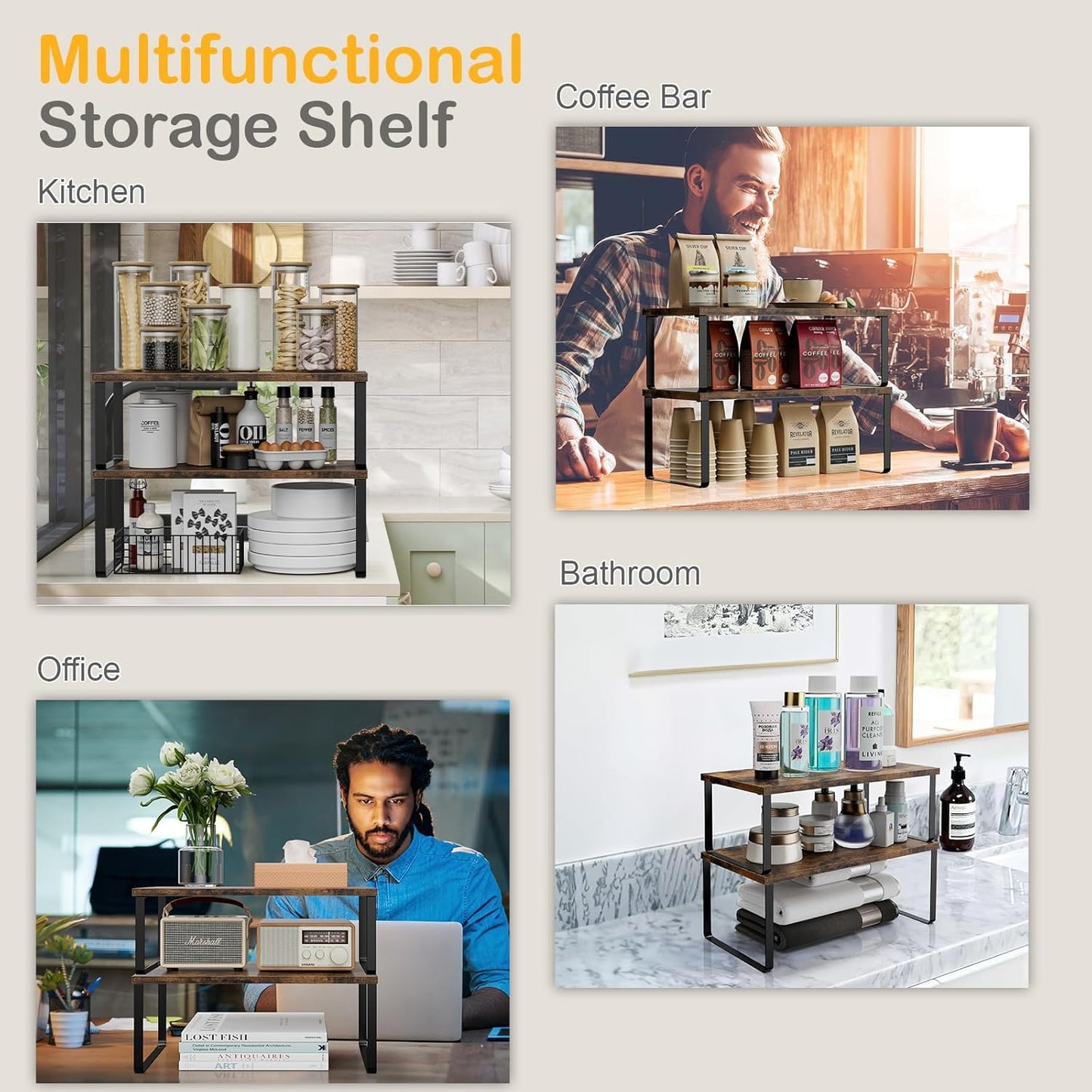 Cabinet Shelf Organizers, 15.7 inches Large Kitchen Counter Shelf, Set of 4 Wood Kitchen Pantry Organizer, Storage Shelves for Countertop, Spice Rack, Stackable, Expandable, Metal Black, Brown