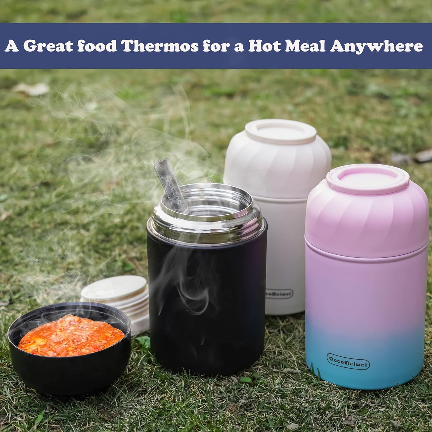 Thermo for Hot Food & Drinks, Thermo Lunch Box, 17oz Vacuum Insulated Food Container with Spoon&Drawstring Bag, Soup Thermo for Adults, White