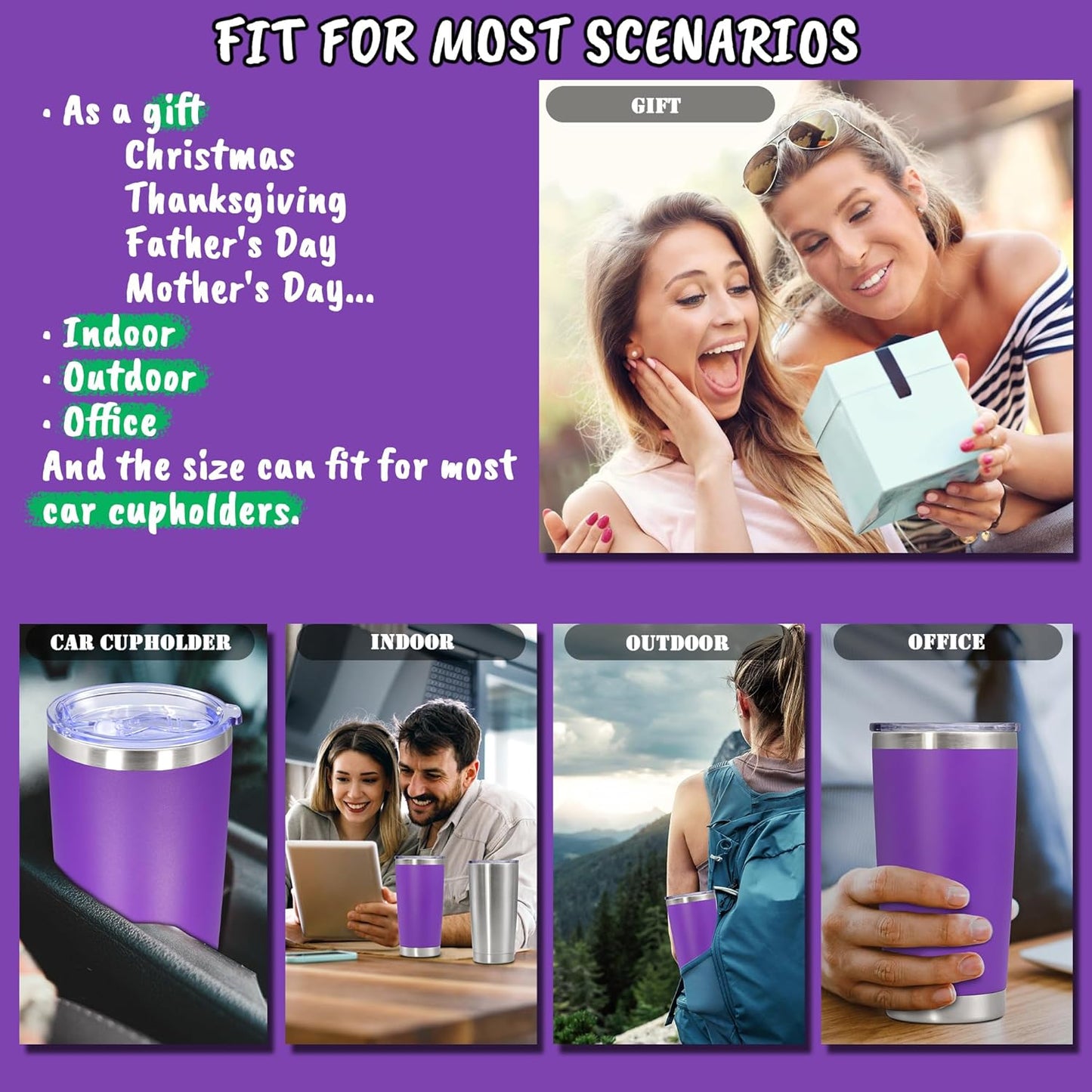 20 oz Tumbler with lid Double Wall Vacuum Insulated Tumblers Stainless Steel Coffee Mug Travel Coffee Tumbler Powder Coated Tumbler Cup Keep Hot&Cold - (PurPle 6 Pack)