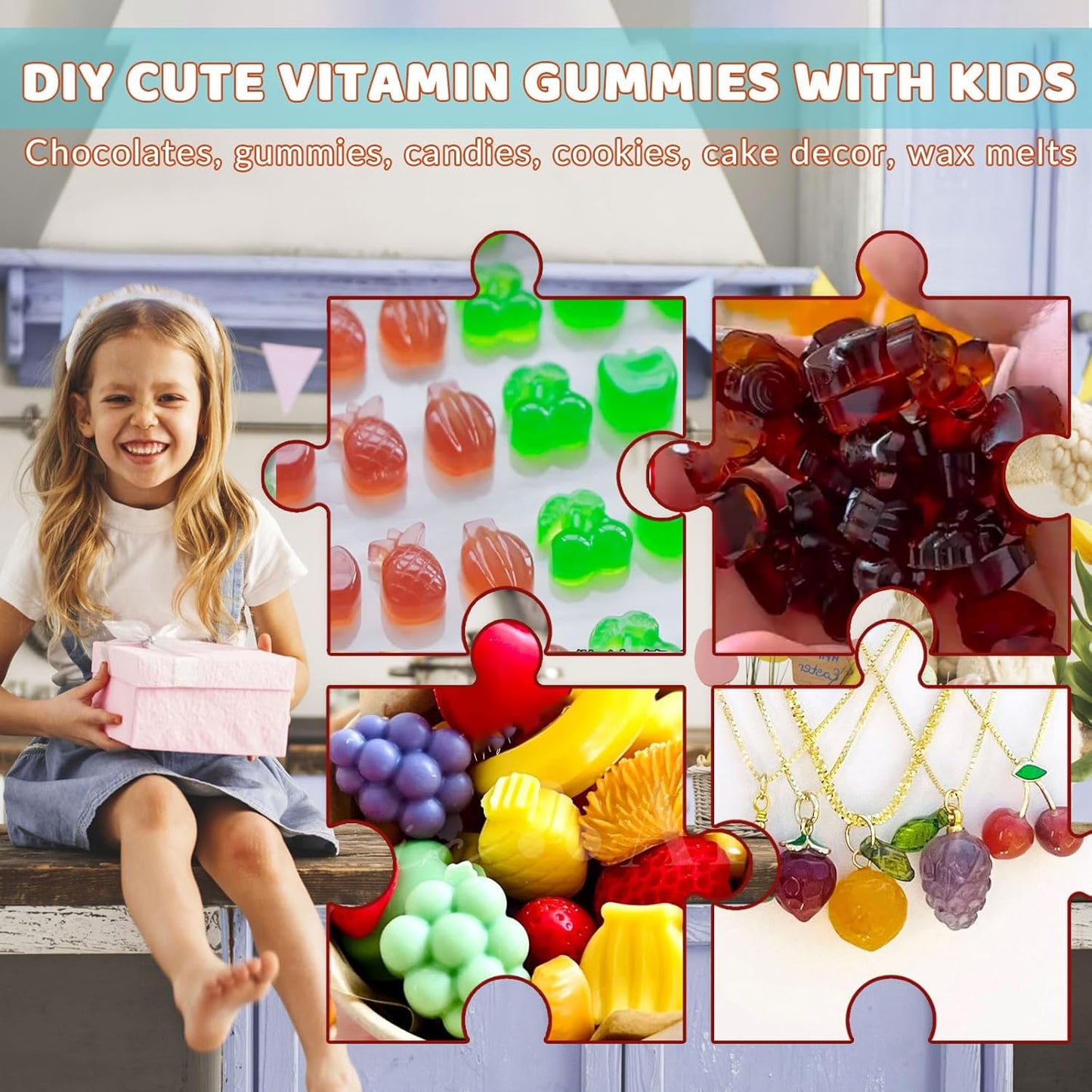 HKNMTT Gummy Fruit Molds Silicone, Mini Cute Fruit Shaped Candy Chocolate Tray Molds With 2 Droppers, 4 Pack 264 Cavities Non-stick Bite Size Kids Apple Molds, DIY Candy Making Kit