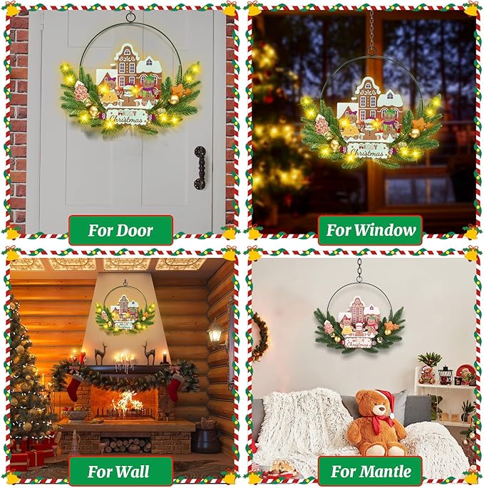 Light up Christmas Wreaths for Front Door, Welcome Metal Wooden Door Wreath Decor Hanging Sign, 30 LED Lighted Wall Decor Battery Operated for Halloween Indoor Outdoor (Gingerbread Man)