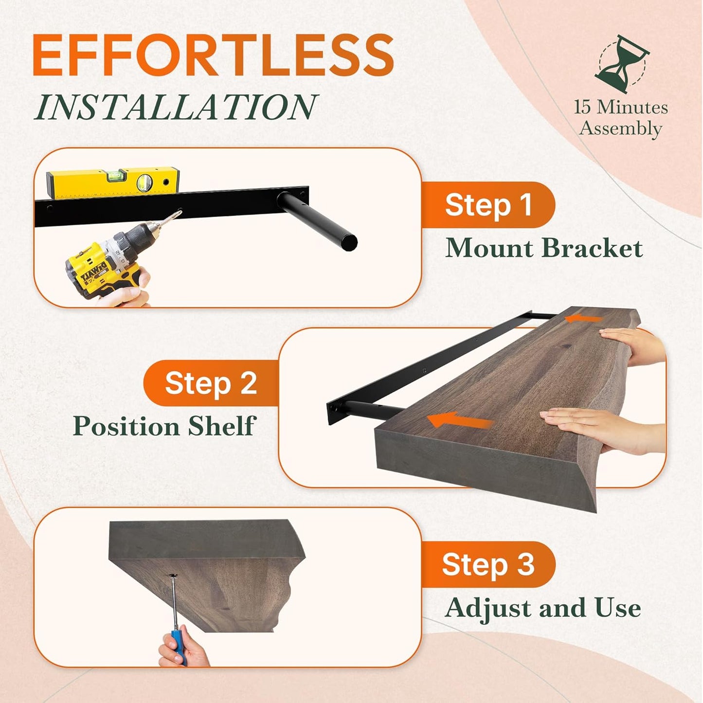 36" Acacia Live Edge Floating Shelves Set of 2 - Wall Mounted Wooden Shelf for Stylish Home Décor - Dark Walnut Color 36x7.5x1.5 Inches