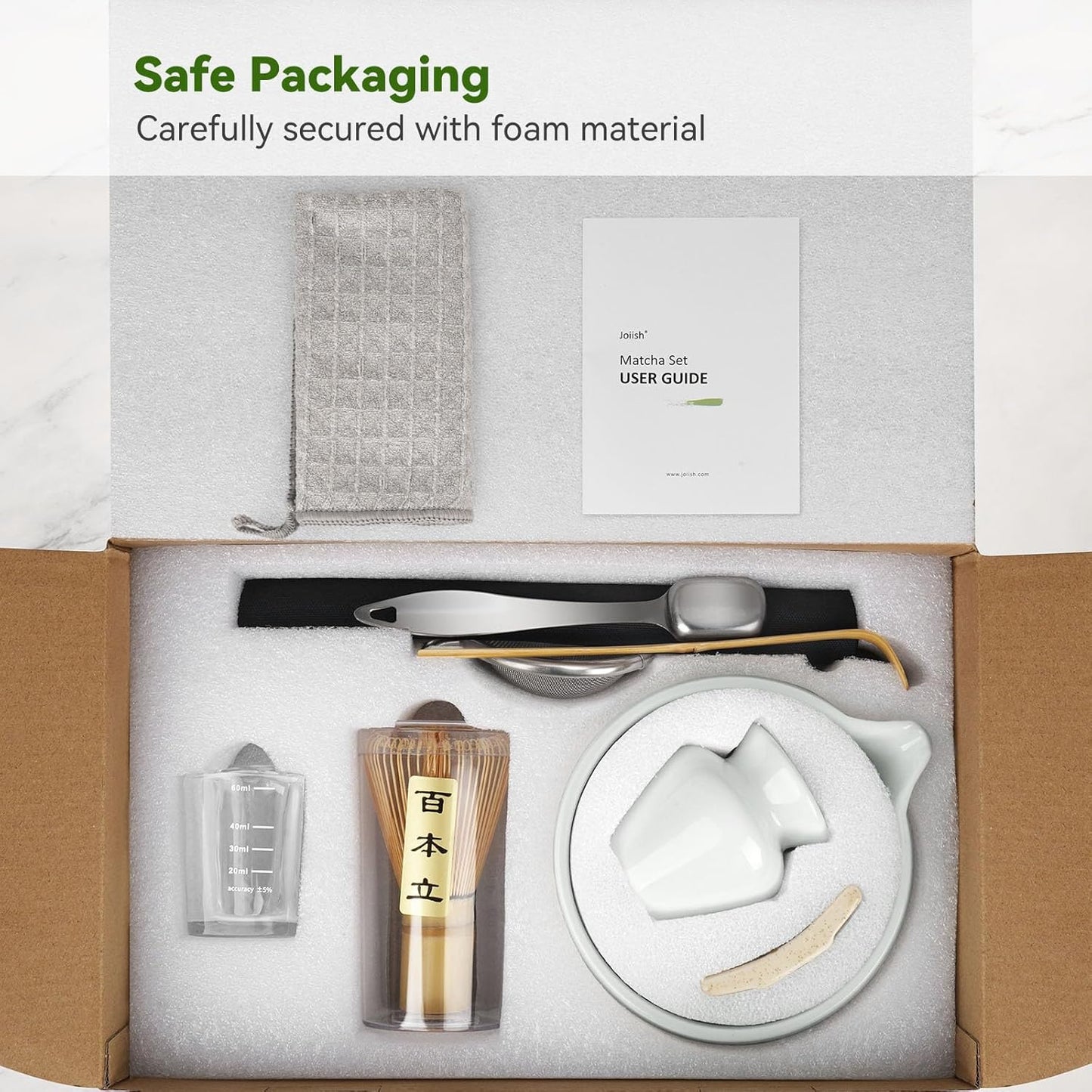 Matcha Tea Set 10-Pcs Kit, Whisk and Bowl with Spout & Measuring Spoon, Japanese Tea Making Tools, Grey