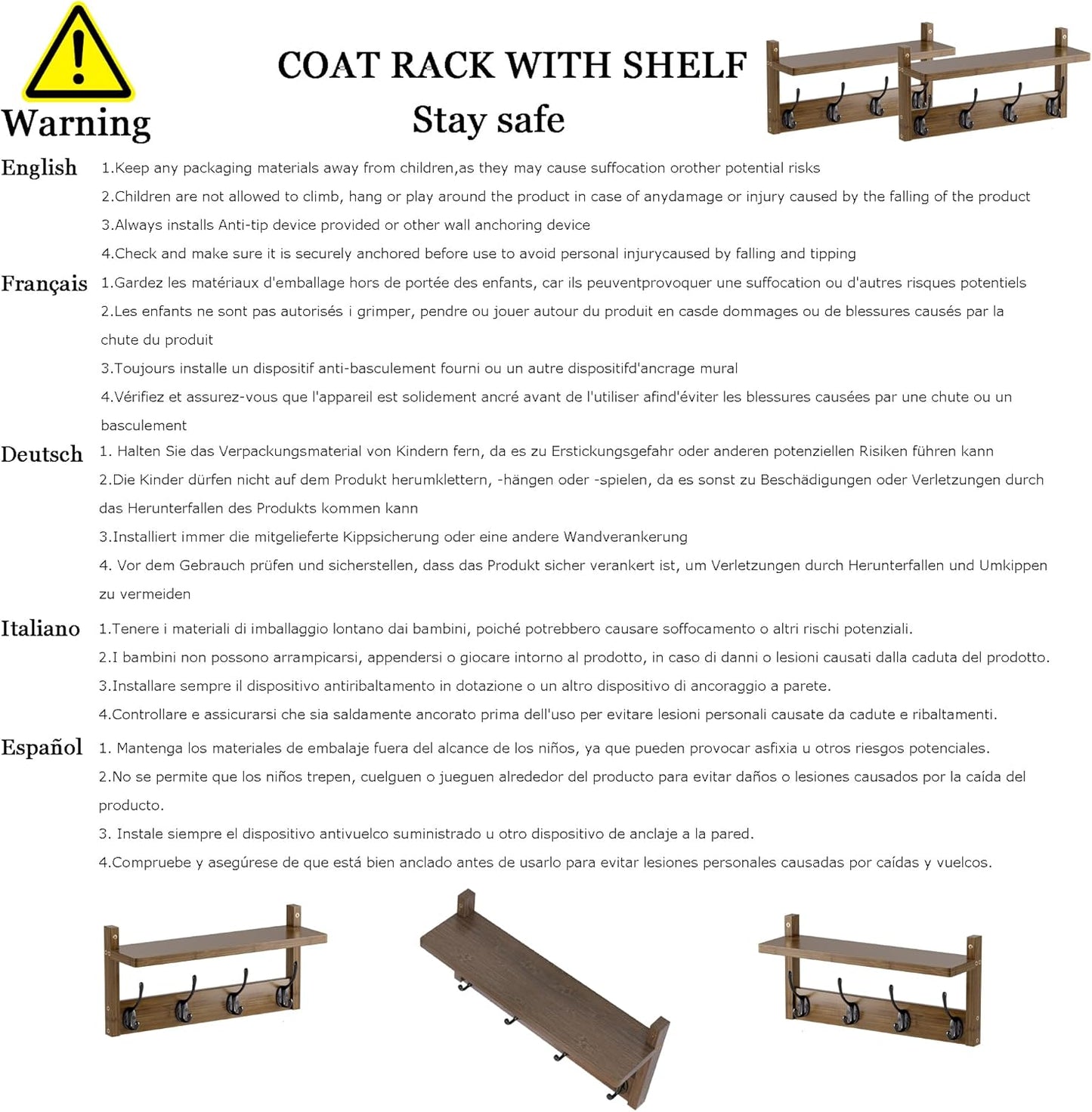 Coat Rack with Shelf, 2 Pack Bamboo Wall-Mounted Coat Hanger with 8 Hooks for Entryway, Hallway, Kitchen, Bathroom, Living Room, Utility Room (Natural)