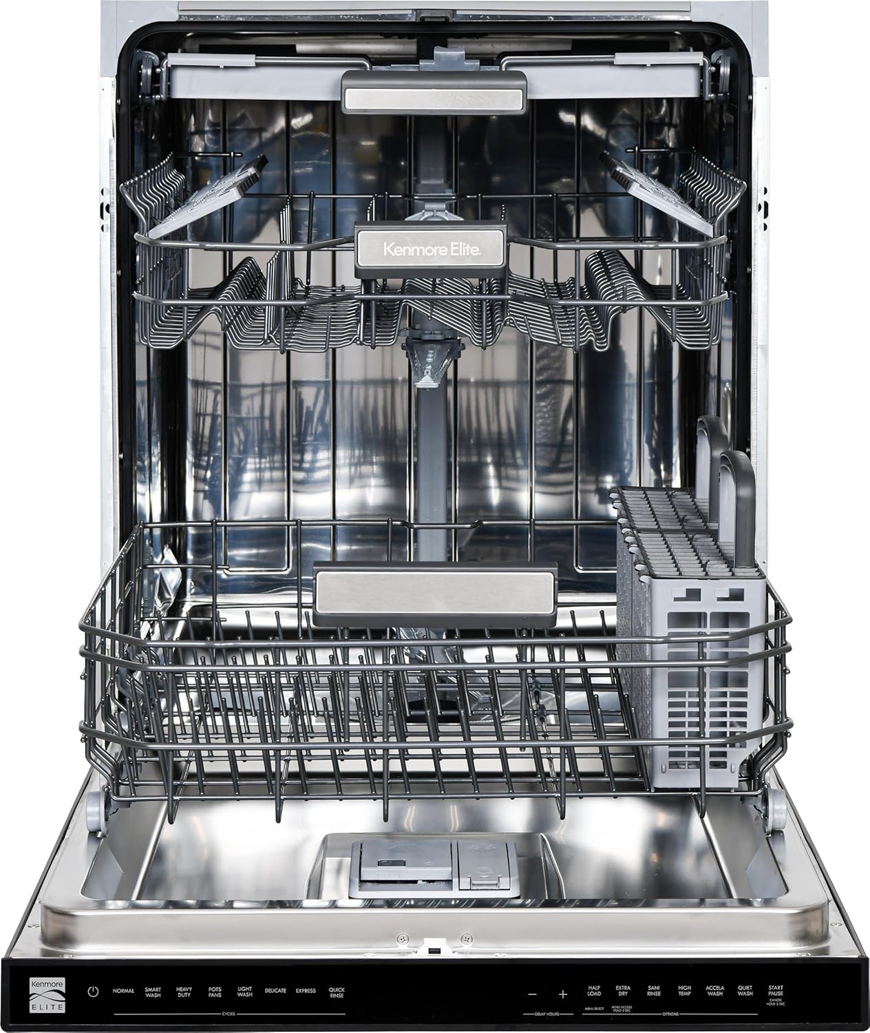 Kenmore Elite 24" Built-in Stainless Steel Tub Dishwasher TotalFlex 3rd, SmartWash, UltraWash, TurboDry, MoreSpace Plus Adjustable Rack, Energy Star Certified, Black