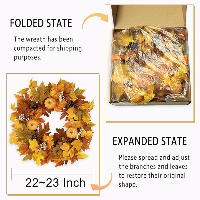 Fall Wreaths for Front Door Outside Autumn Wreath with Lights Berries Pine Cones Fall Decorations for Home Decor Pumpkin Wreath for Farmhouse Holiday Thanksgiving Harvest Halloween Outdoor