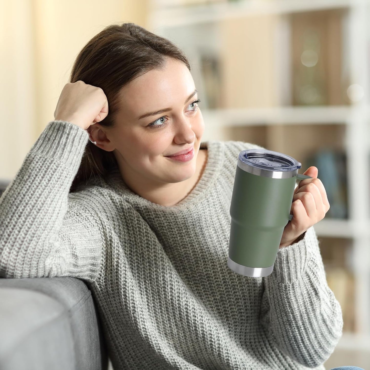 HASLE OUTFITTERS 20oz Tumbler Bulk with Lid, Stainless Steel Tumbler Bulk with Handle, Metal Insulated Travel Coffee Mug Set with Handle, Double Wall Vacuum Leak Proof Tumbler Cup, Amy Green 6 Pack