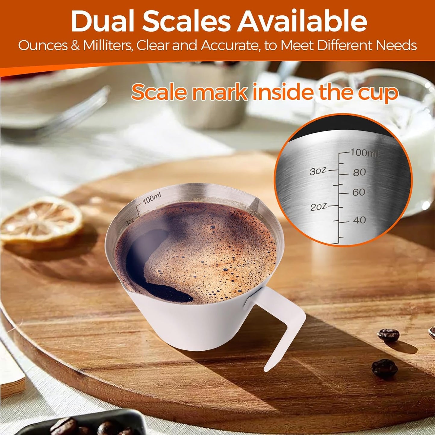 YARRAMATE 2Pcs Stainless Steel Espresso Shot Cup, Double Spout Metal Espresso Measuring Cup with V-Shaped Mouth, Espresso Accessories, 3.4OZ/100ML (White)