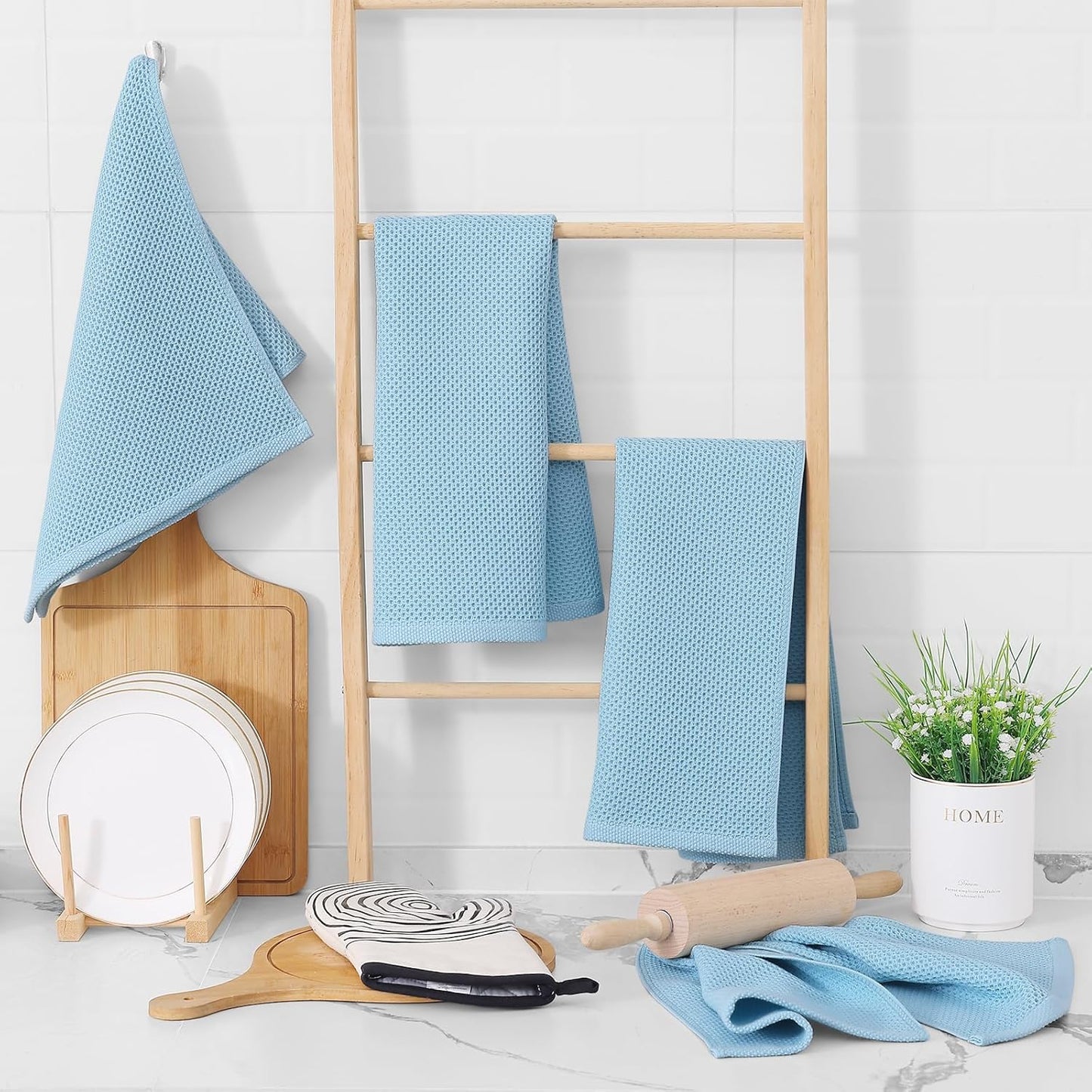 Homaxy 100% Cotton Waffle Weave Kitchen Dish Towels, Ultra Soft Absorbent Quick Drying Cleaning Towel, 13 x 28 Inches, 8-Pack, Sky Blue