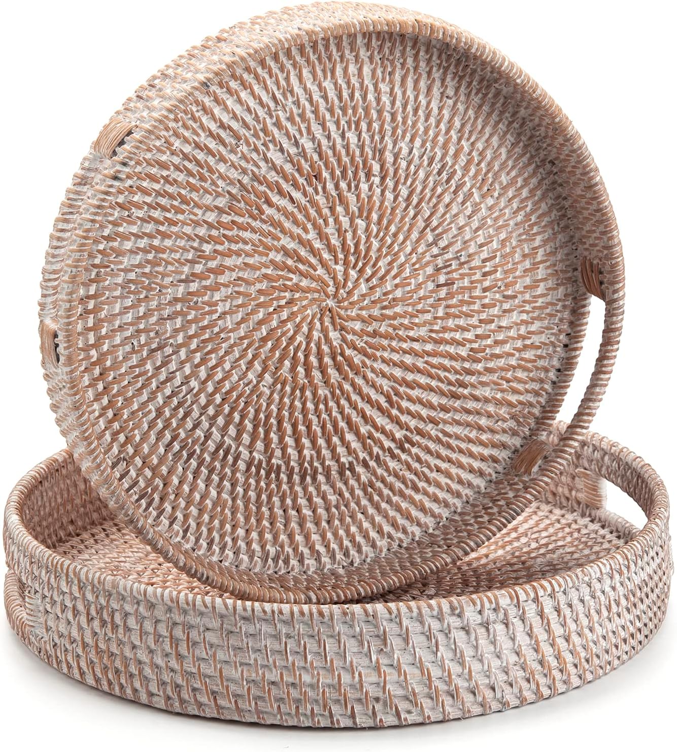 Coffee Table Tray Round Rattan Ottoman Tray Woven Serving Trays with Handles for Home and Kitchen Decorative White (Large 14 inch x 2.8 inch)