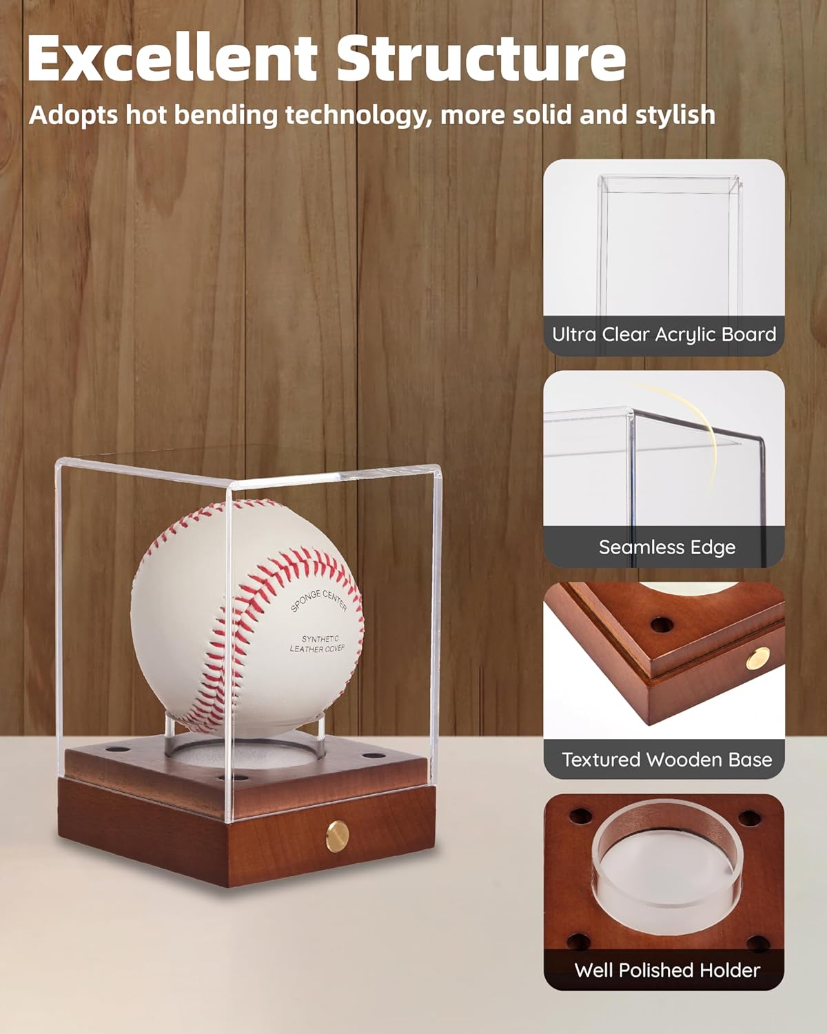 Clear Acrylic UV-Protected Sports Display Case with Solid Wood Base for Autographed Memorabilia, Baseball