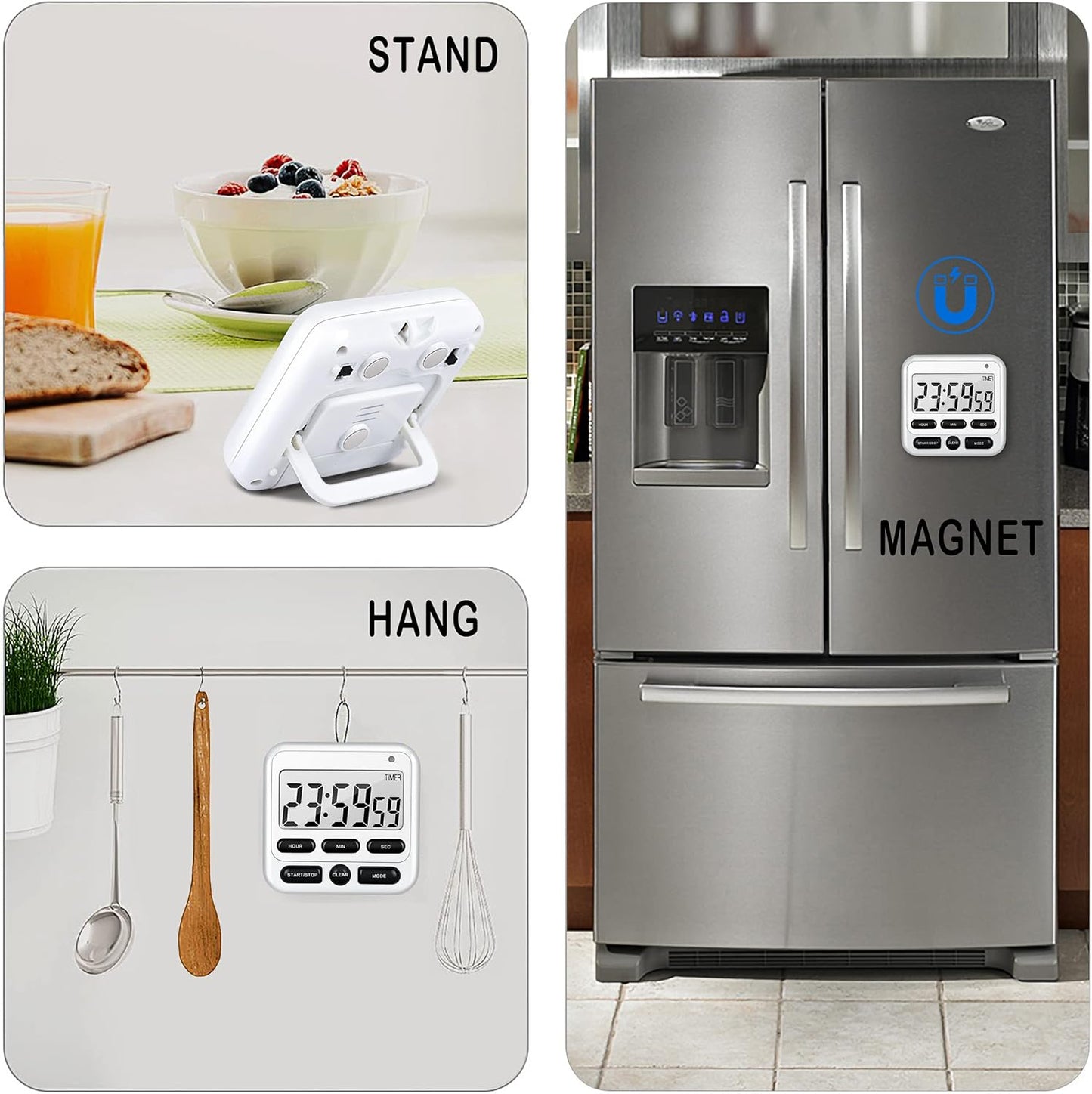 KTKUDY Digital Kitchen Timer with Mute/Loud Alarm Switch ON/Off Switch, 24 Hour Clock & Alarm, Memory Function Count Up & Count Down for Kids Teachers Cooking, Large LCD Display, Strong Magnet (White)