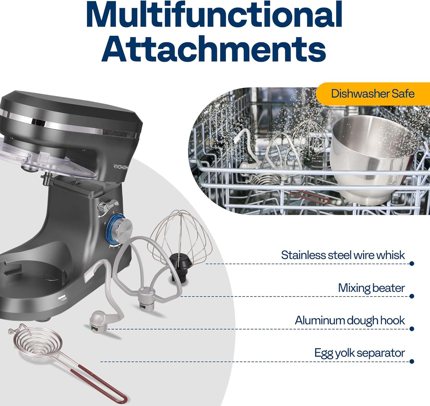 VIVOHOME 4.75 Quart Stand Mixer, 8 Speed Kitchen Electric Food Mixer, Household Stand Mixer for Baking, Cake, Bread with Beater, Dough Hook, Wire Whip and Egg Separator, Gray