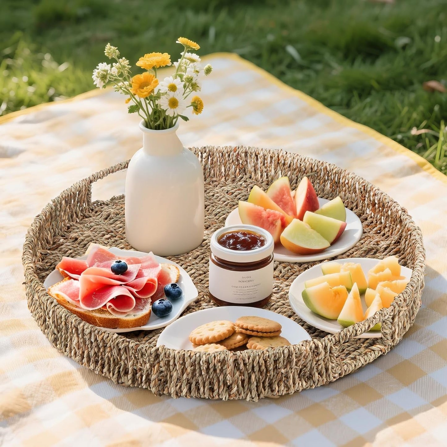 Round Ottoman Tray Large Wicker Serving Tray with Handles for Coffee Table, 20 Inch Handwoven Natural Seagrass Tray