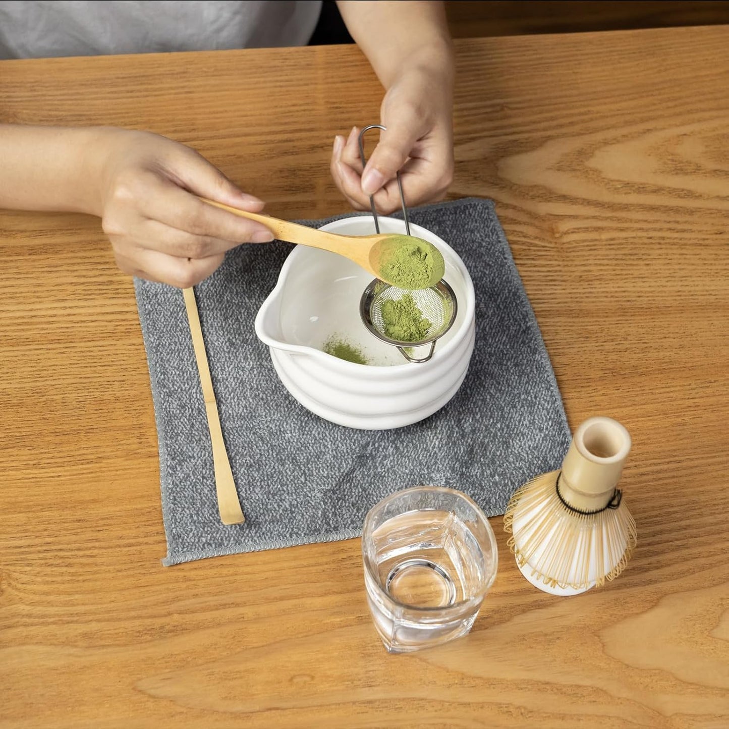 Matcha Whisk Set, 7 Pcs Matcha Kit, Premium Ceramic Matcha Set, Whisk and Bowl, Sifter, Cup Holder, Bamboo Scoop, Tea Plucking, Tea Towel, Matcha Lovers (White)