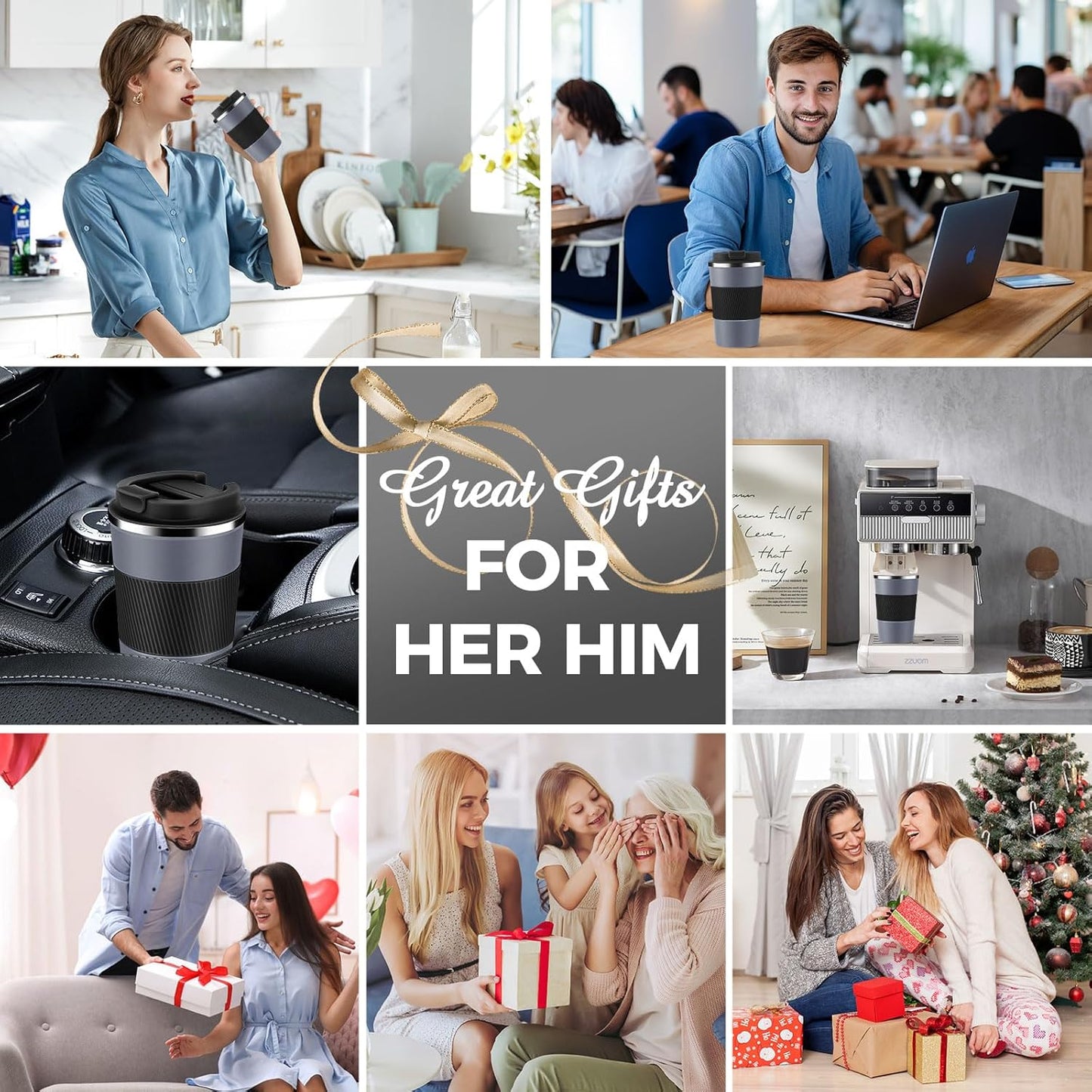 Volhoply 13 oz Stainless Steel Insulated Travel Coffee Mug with Fip Lid Bulk 4 Pack,Reusable Double Wall Vacuum Metal Coffee Cup,Portable Leak Proof Thermal Tumbler for Hot & Cold Drinks(Gray,4)