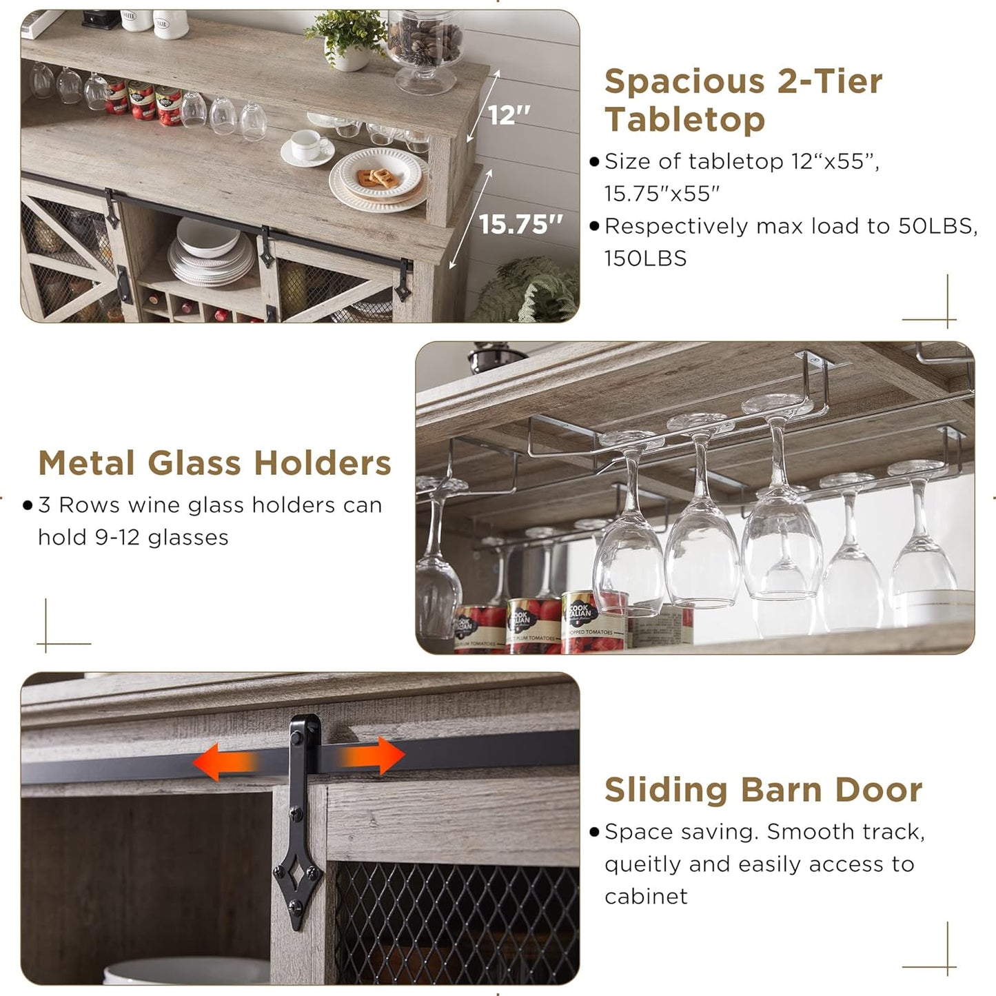 OKD Farmhouse Coffee Bar Cabinet with LED Lights, 55" Wine Bar w/Sliding Barn Door & Wine and Glass Rack, Kitchen Buffet Cabinet w/Storage Shelves for Dining Room,Light Rustic Oak