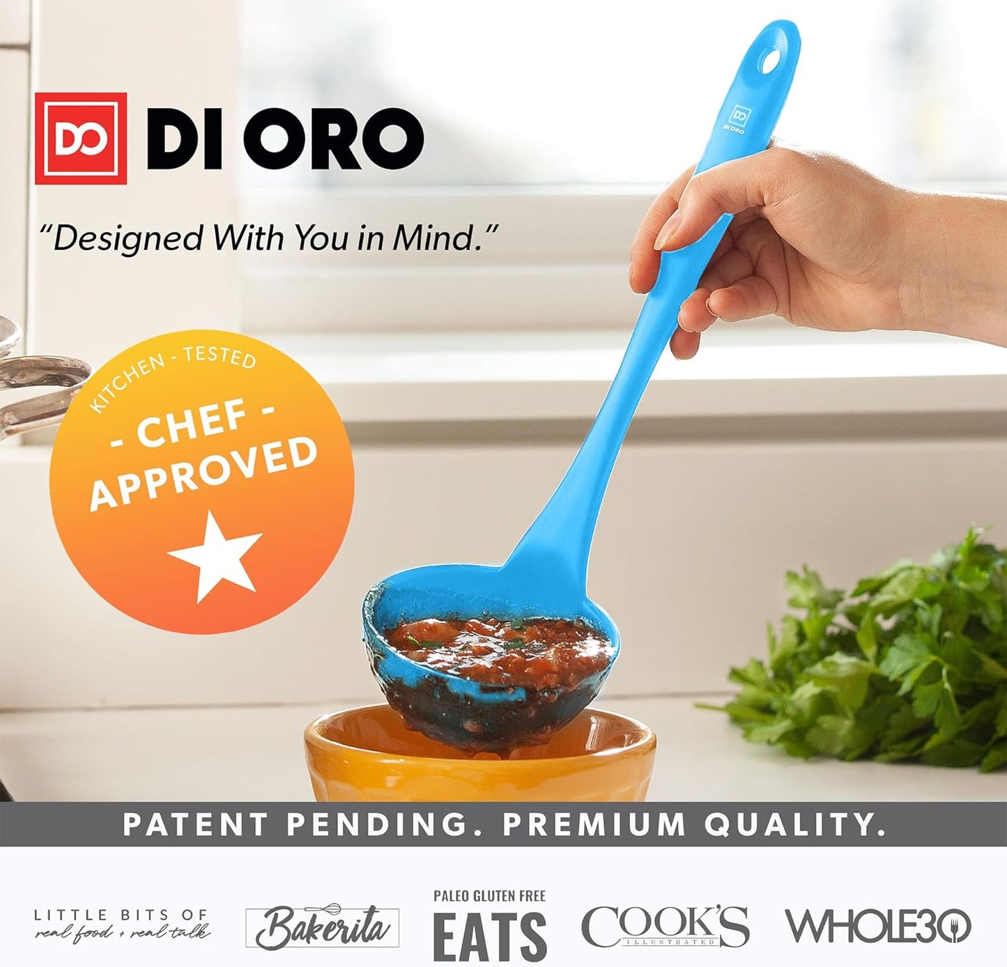DI ORO Silicone Ladle – Soup Ladle for Cooking & Serving Heat-Resistant - Large Kitchen Soup Ladle Nonstick Cookware Safe - Soup Serving Spoon with Wide Bowl - Silicone Utensil Dishwasher Safe (Blue)