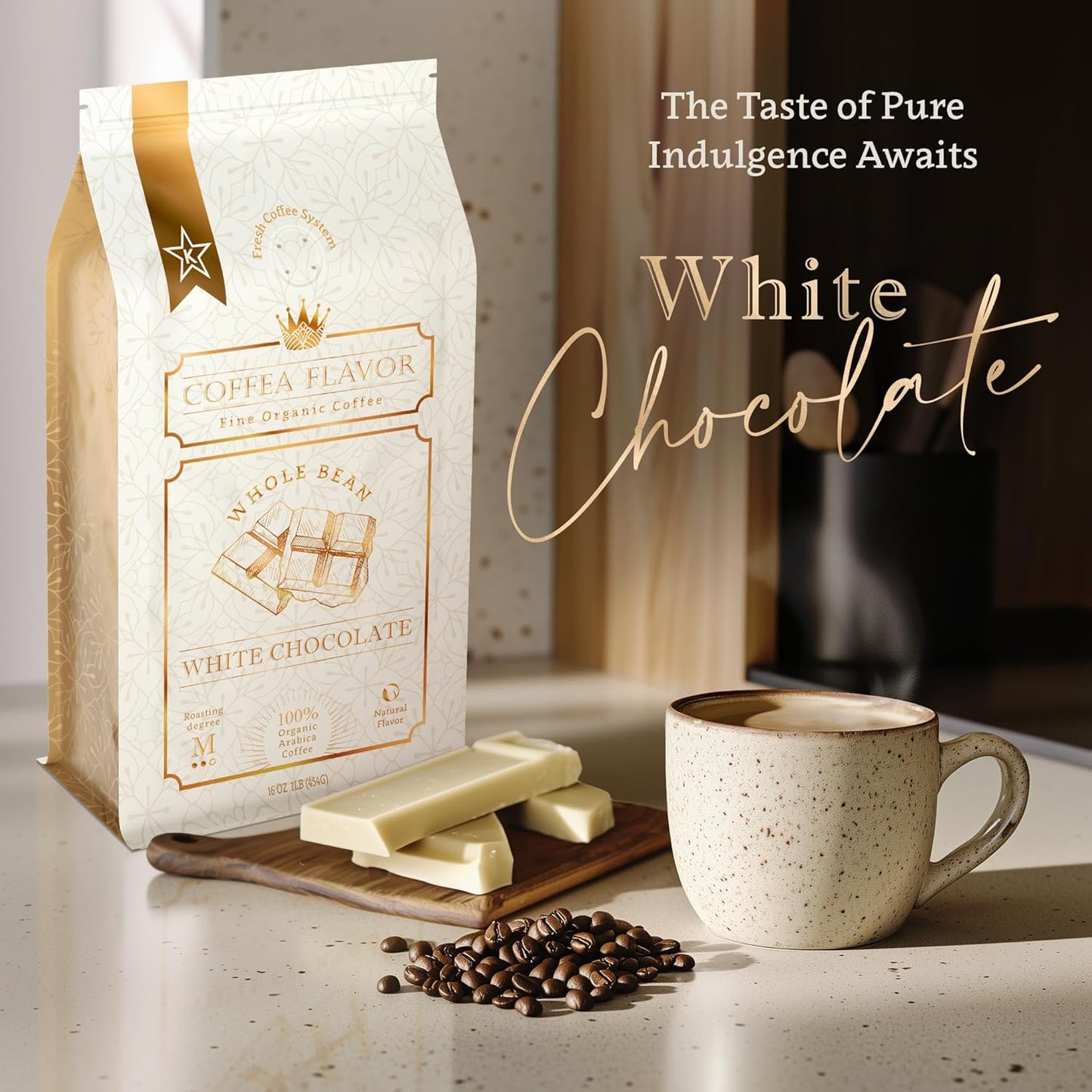 White Chocolate Flavored Whole Bean Coffee – 100% Arabica, Organic, No Artificial Sweeteners, Naturally Flavored, Medium Roast, Single Origin – by Coffea Flavor