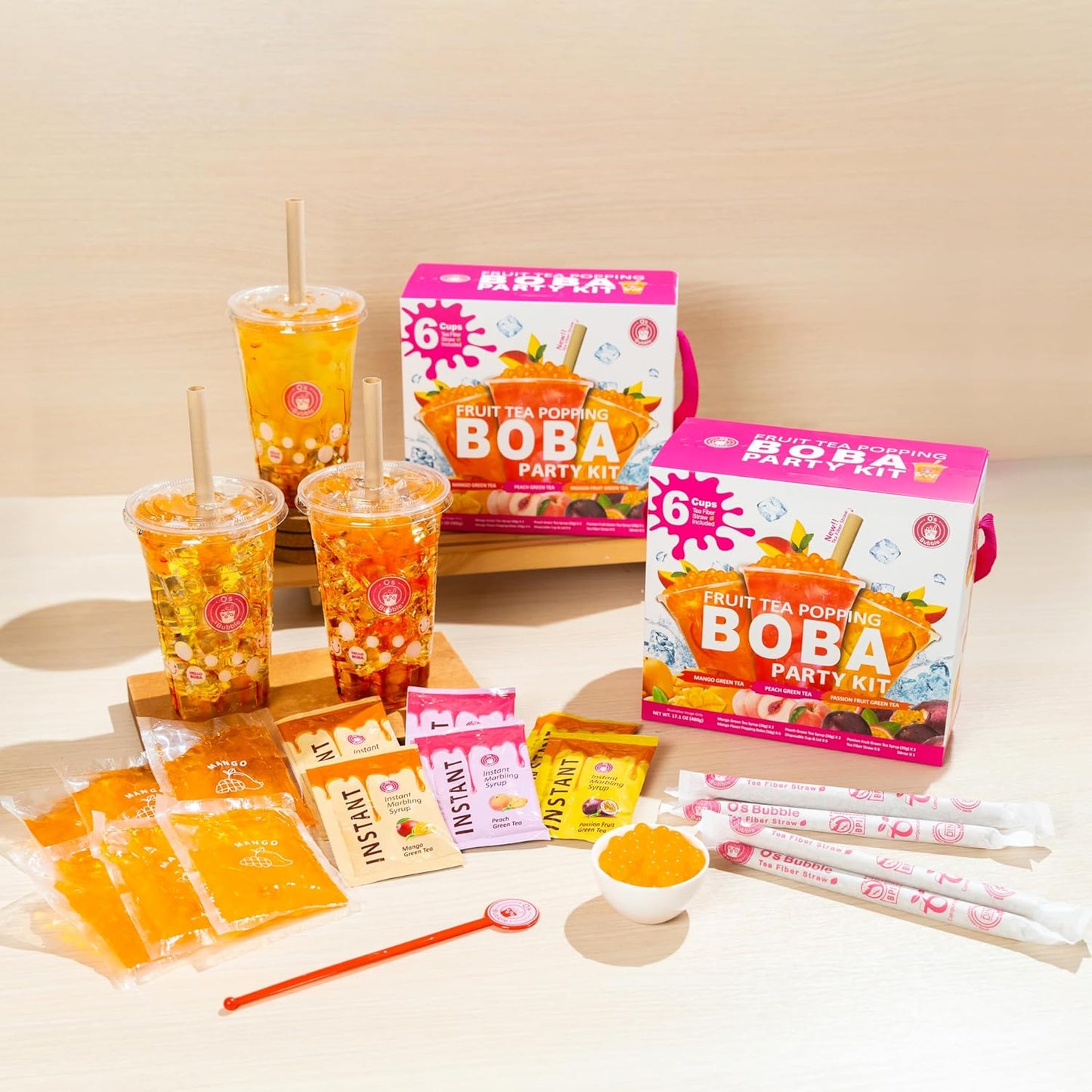 O's Bubble Boba Tea Kit - 6 Servings Bubble Tea Kit - Popping Boba Party Kit - 3 flavors Popping Boba Kit - 6 Packs of Syrups and 6 packs of Popping Boba - All in One Boba Kit for Popping Boba Tea Lovers