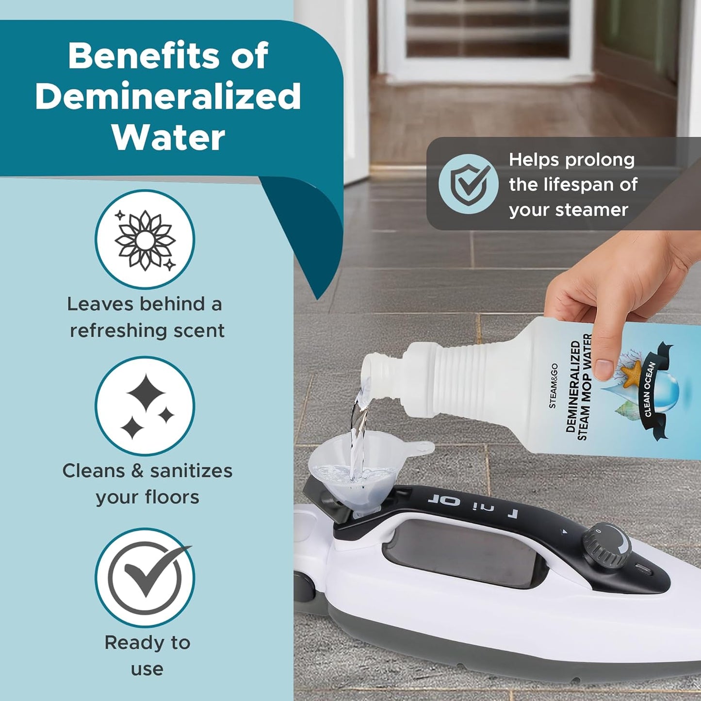 Steam & Go Demineralized Water - Multisurface Cleaner, PVC-Free Ready-to-Use for Mops & Floor Steamers - Ideal for Kitchen, Bathroom, & Home Surfaces - Clean Ocean Scent - 32oz (Pack of 1)