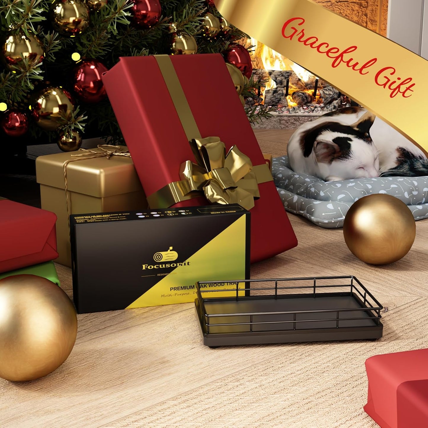 Bathroom Tray for Counter, Oak Wooden 7.5" L Decorative Vanity Tray for Dresser Tops Perfume Jewelry Makeup Candle Soap Sponge Holder for Kitchen Countertop Organizer Coffee Table Decor Bar Black