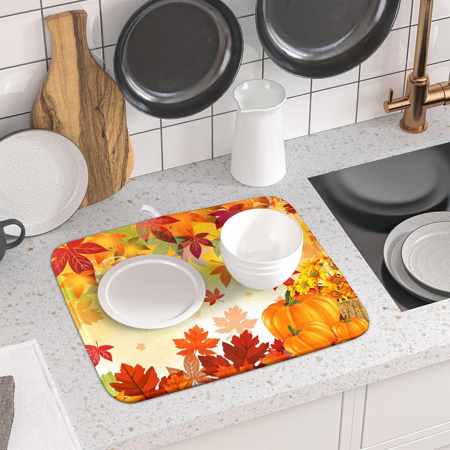 Autumn Fall Dish Drying Mat for Kitchen Counter Pumpkin Maple Leaves Drying Mat 16 x 18 Inch with Absorbent Reversible Microfiber Dish Drying Pad Dish Rack Drainer Mat for Coffee Bar