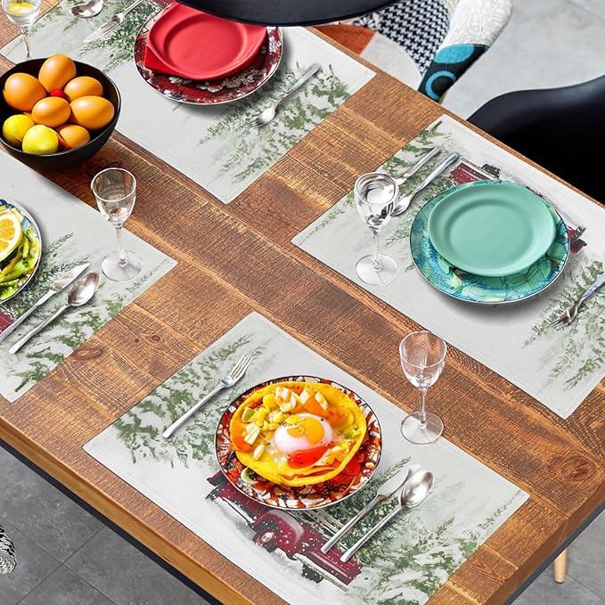 Red Truck Christmas Placemats Set of 4, 12x18 Inch Green Pine Tree Snow Xmas Table Mats Seasonal Rustic Farmhouse Linen Fabric Place Mats for Winter Holiday Party Kitchen Dining Decor