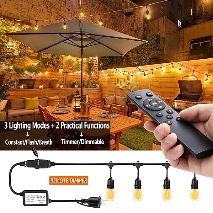 1-Pack 150 ft Outdoor String Lights with Remote Patio Lights Weatherproof, 45+3 Spare S14 Shatterproof Warm 2200K Bulbs, 3 Lighting Modes&Dimmable&Timer