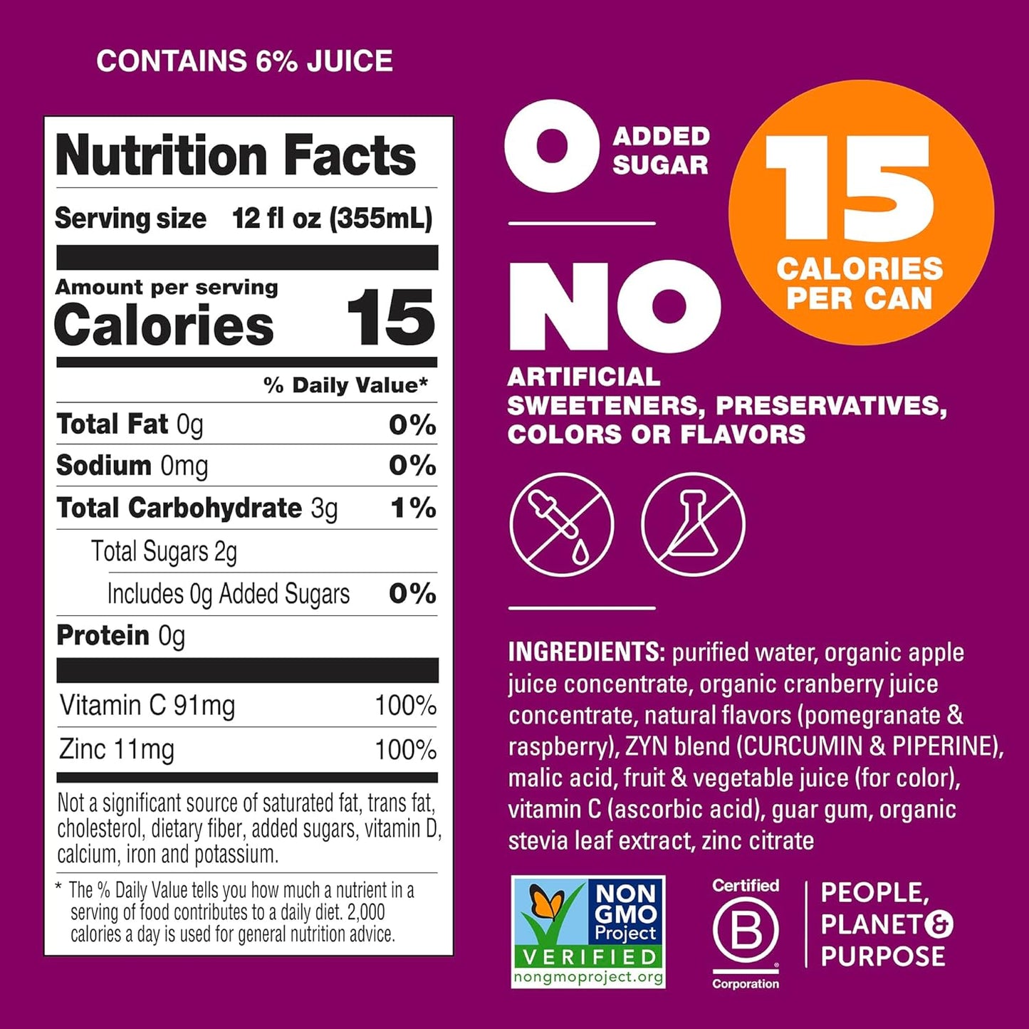 ZYN Turmeric Wellness Drink (6 Pack), Pomegranate Cranberry Flavored Turmeric Curcumin Drink with Black Pepper, No Added Sugar, Low Carb & Low Calorie Drink, Clean Alternative