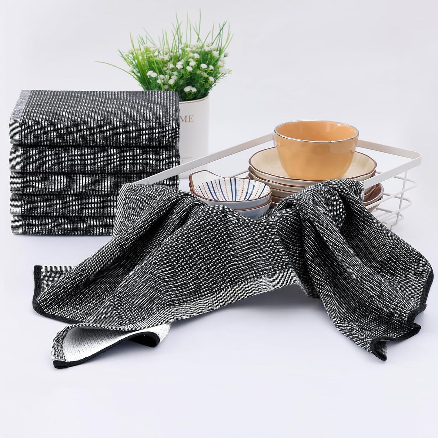 Homaxy Premium Kitchen Towels(18”x 28”, 8 Pack), Large Cotton Kitchen Hand Towels, Flat and Terry Dish Towels, 380 GSM Highly Absorbent Tea Towel Set with Hanging Loop, Black