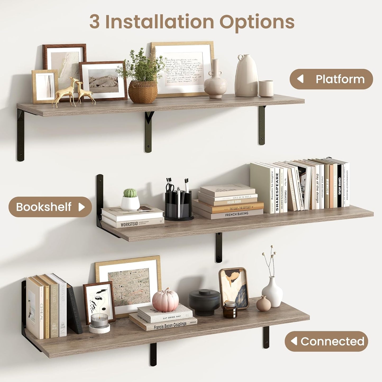 Fun Memories Floating Shelves for Wall, 12 Inch Deep Floating Shelves Set of 2, Wall Mounted Shelf with Metal Brackets, Rustic Wood Wide Shelf for Bathroom, Kitchen and Living Room, Grey, 48W x 12D