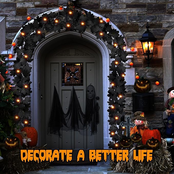 Joyhalo 2 Pack Halloween Garland with Lights, Black Maple Leaves Lighted Garland for Mantle, 5.7FT Light Up Leaf Autumn Vines Outdoor for Door Frame, Fireplace and Thanksgiving Fall Decor