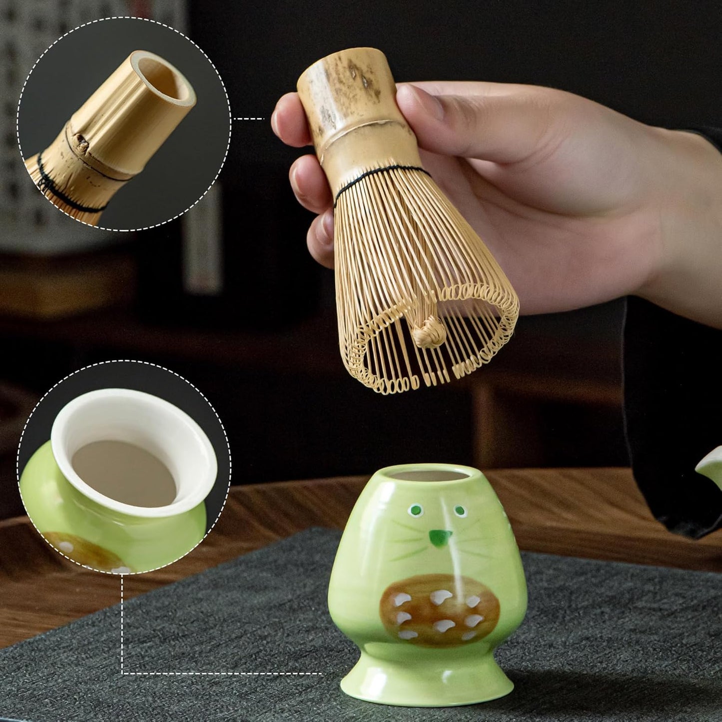 Green Matcha Set -Cute Cat Matcha Kit Includes Ceramic Bowl, Whisk and Holder, Bamboo Scoop - 6 Pcs Matcha Whisk Set for Matcha Lovers