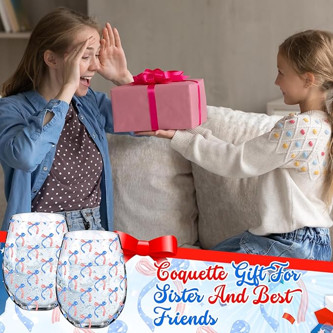 Sliner 2 Pack Patriotic Stemless Wine Glasses 17oz Red Blue Bow Drinking Glasses Independence Day Tumbler Cups for 4th of July Party Supplies Memorial Day Gift Decorations