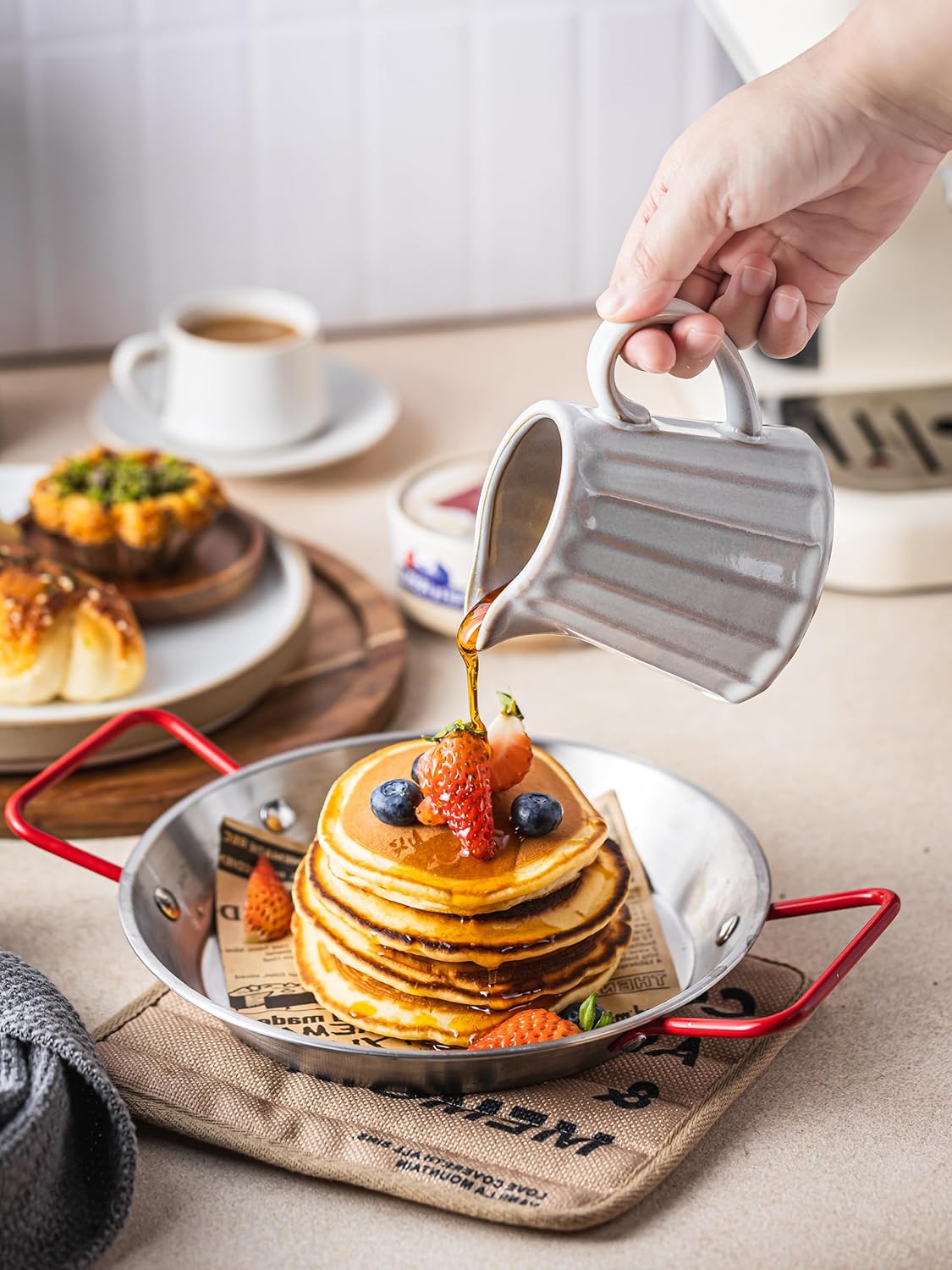 Ceramic Creamer Pitcher,Creamer Container with Handle, Small Milk Pitcher Cup for Coffee, Sauces, Salad, 10 OZ, Cream White
