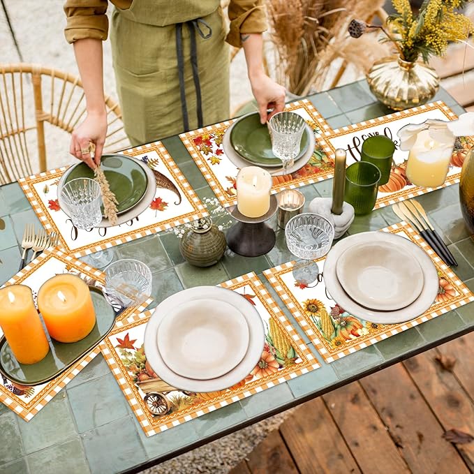 Thanksgiving Placemats Set of 6 Thanksgiving Day Plastic Table Mats Welcome Fall Place Mats Washable Vinyl Rustic Holiday Table Decoration for Indoor Outdoor Autumn Party Kitchen Dining