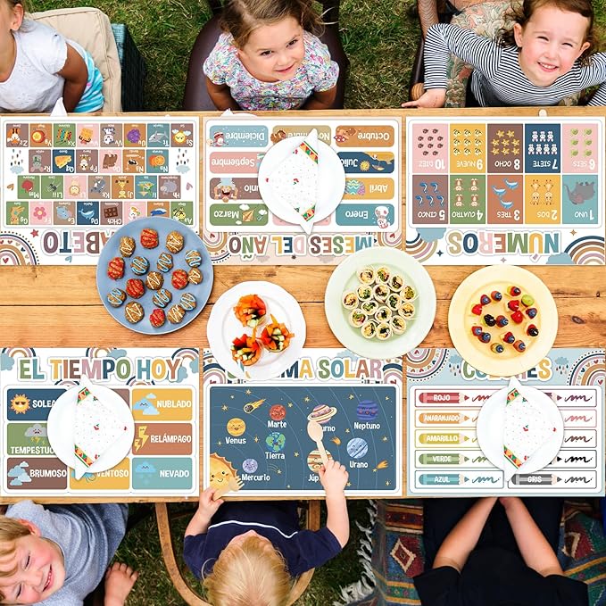 Spanish Educational Preschool Placemats Set of 6 Boho Plastic Table Mats Toddler Children Montessori Place Mats for Kids Washable Vinyl Holiday Table Decoration for Indoor Outdoor Party Kitchen Dining
