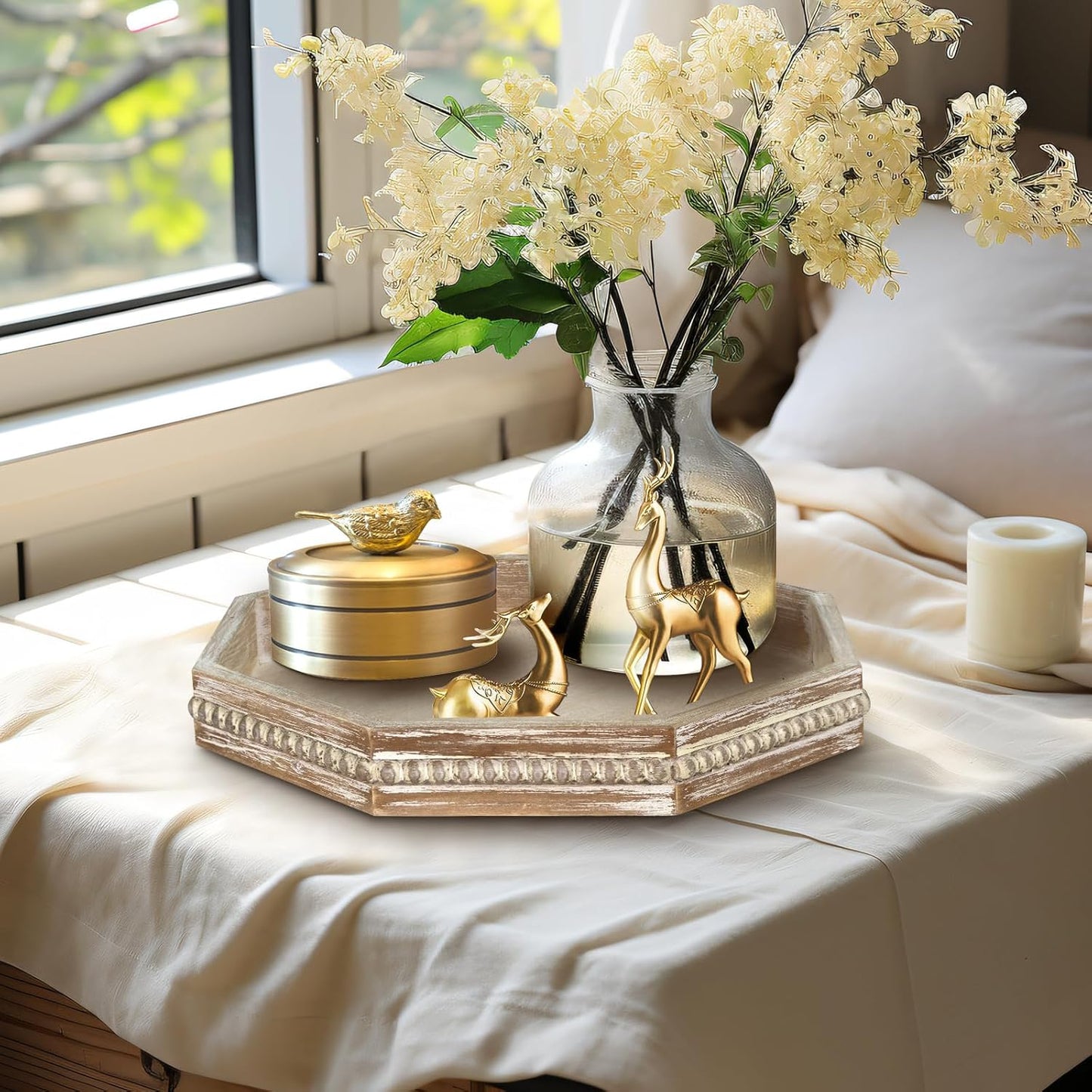 MAONAME Wood Serving Tray,Farmhouse Wooden Tray with Beads, Washed White Octagonal Serving Tray,Coffee Table Tray for Living Room, Kitchen, 12" X 12" X 1.6"