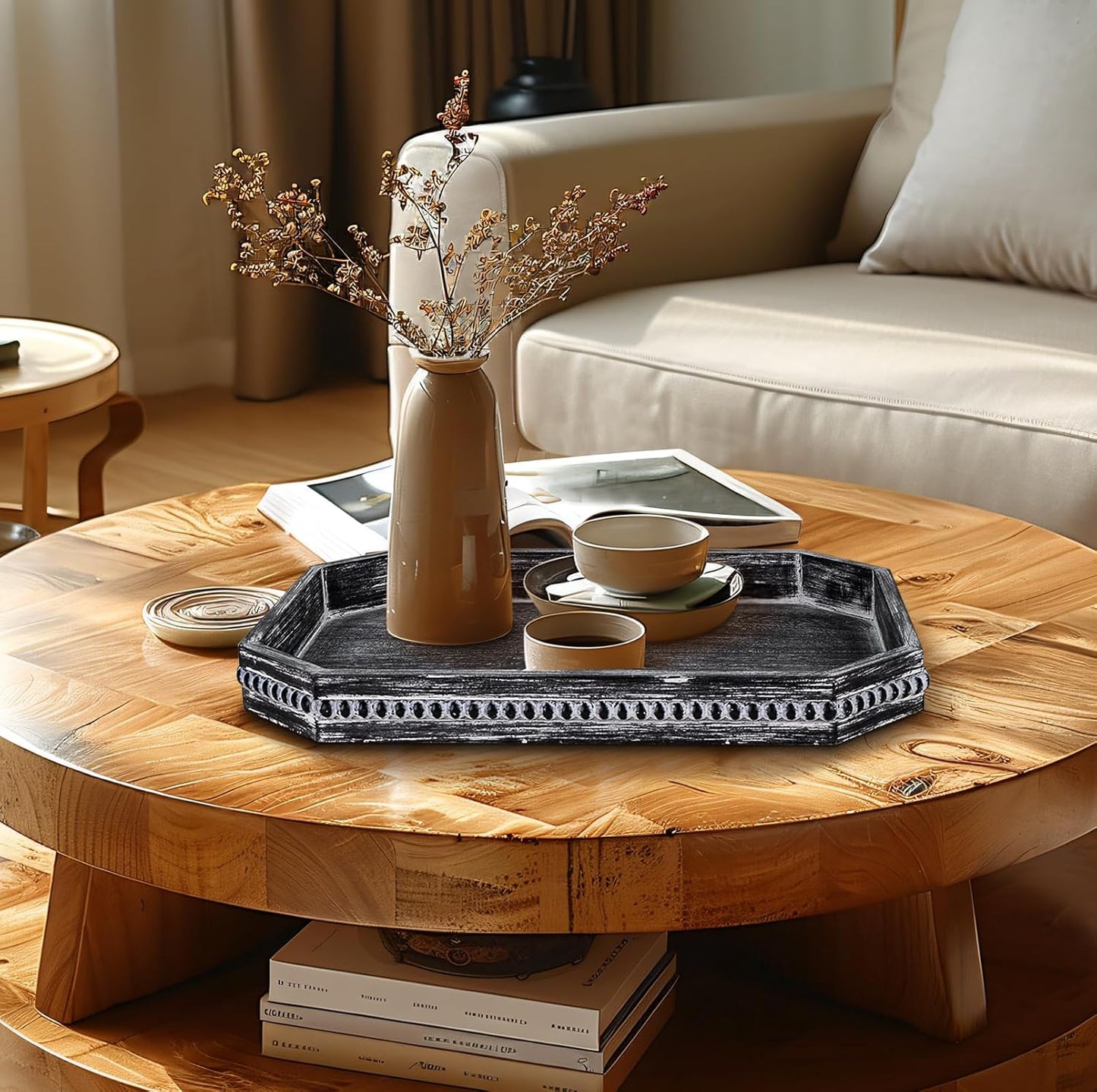 MAONAME Wood Serving Tray, Farmhouse Wooden Tray for Coffee Table, Octagonal Beaded Trays, Vintage Black Decorative Trays for Living Room, Kitchen, 15.7" X 10.2" X 1.6"