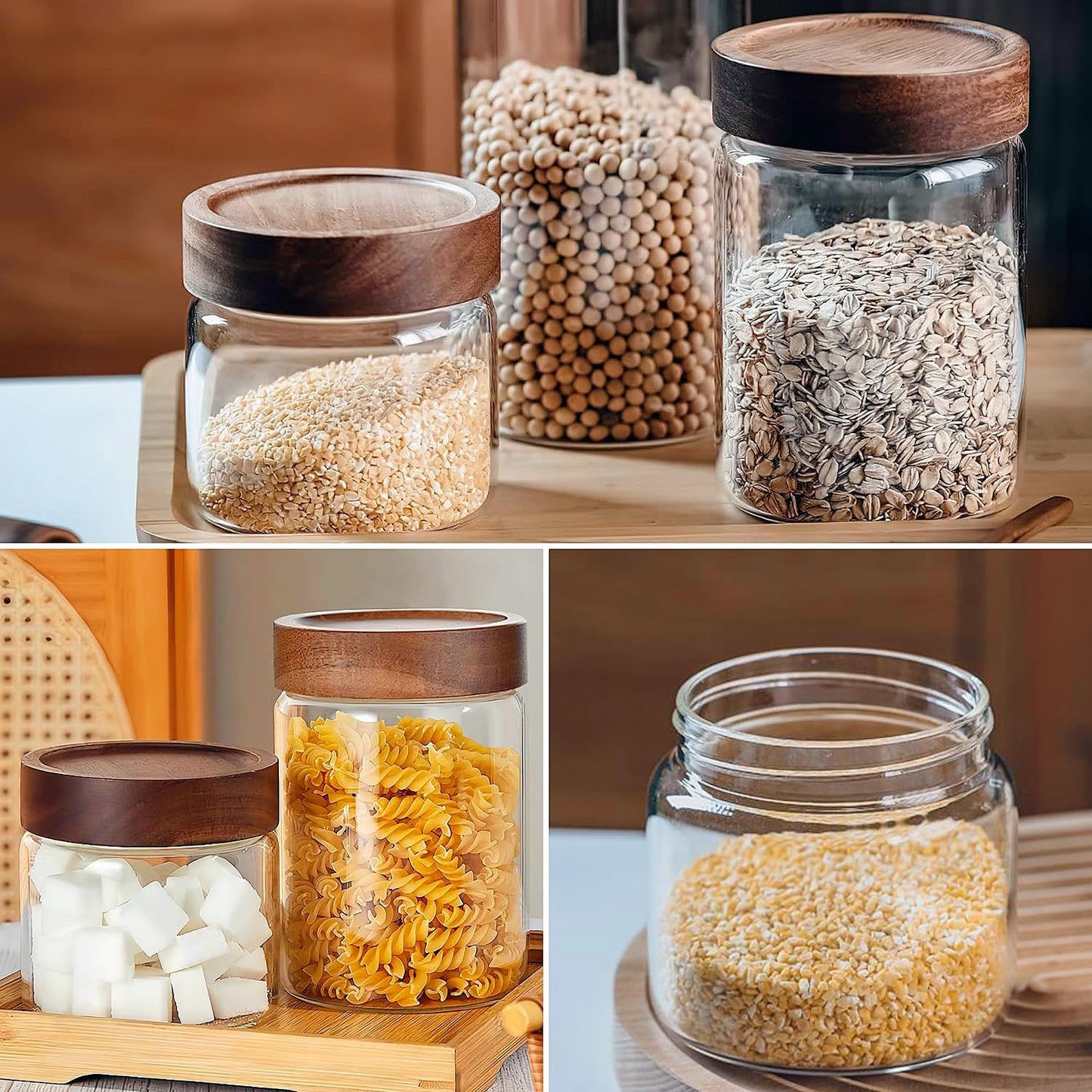28 Fl oz/850 ml Glass Food Storage Jar, Premium Clear Glass Container Jar with Airtight Wooden Screw Lid, Kitchen Canisters for Coffee,Tea,Pasta,Cookies, Nuts,Spice,Candy,Overnight Oatmeal(Medium)