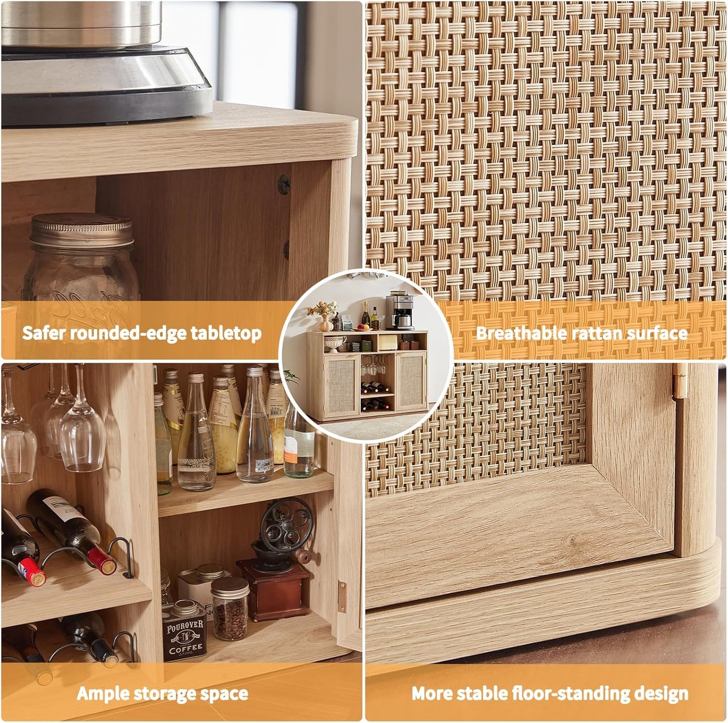 Lerliuo 47.2" Rattan Wine & Liquor Cabinet with 2 Doors, Boho Farmhouse Coffee Bar Station, Built-in Wine Racks & Storage, Adjustable Shelves for Living Room, Dining Room, Kitchen, Natural Wood