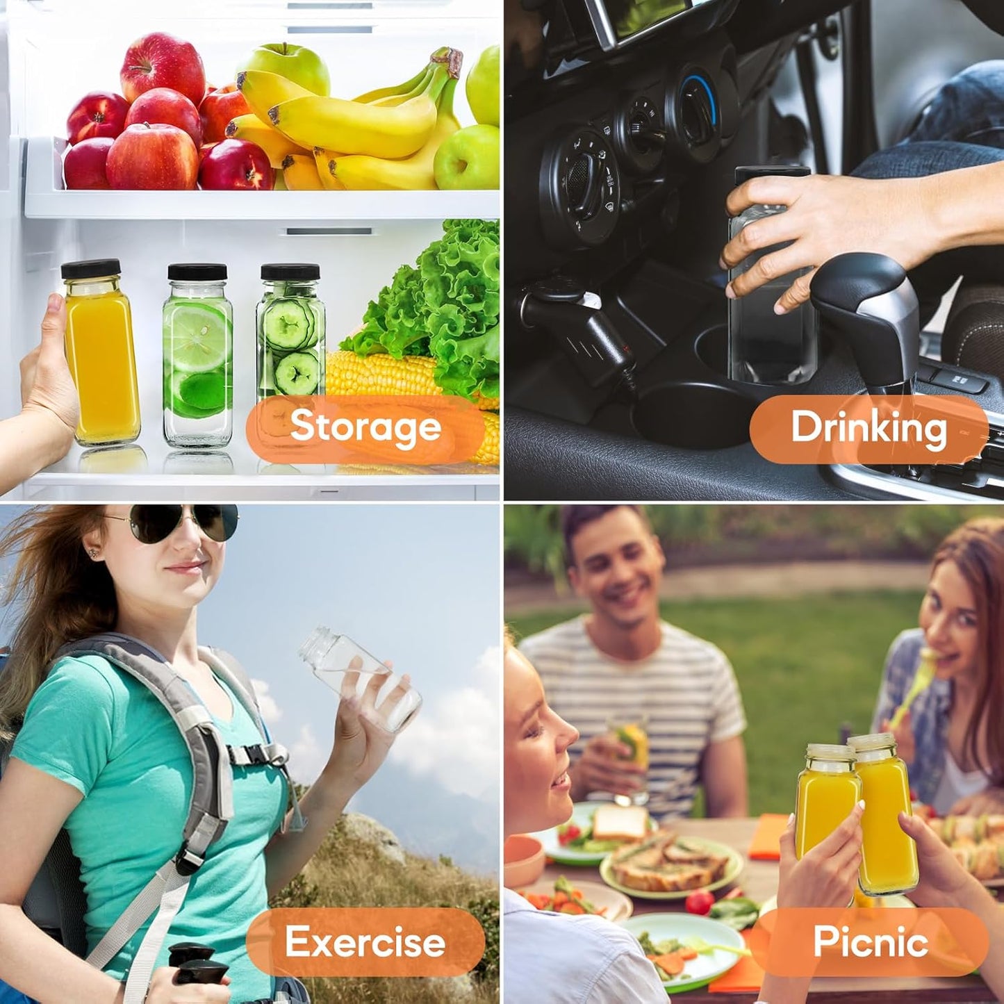 STARSIDE 8 oz Glass Juice Bottles with Lids 6 Pack - Square Reusable Drinking Jars for Juicing, Milk, Kombucha - Includes 1 Bottle Brush, 6 Colored Labels