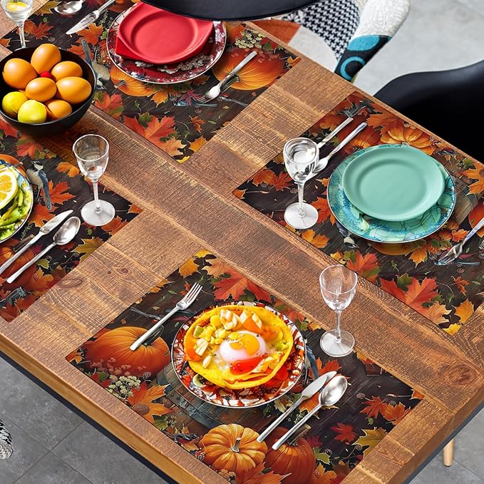 Pumpkin Maple Leaf Bird Fall Placemats Set of 4 Autumn Thanksgiving Seasonal Holiday Harvest Linen Table Mats Orange Brown Washable Place Mats for Party Kitchen Dining Outdoor Indoor Decor